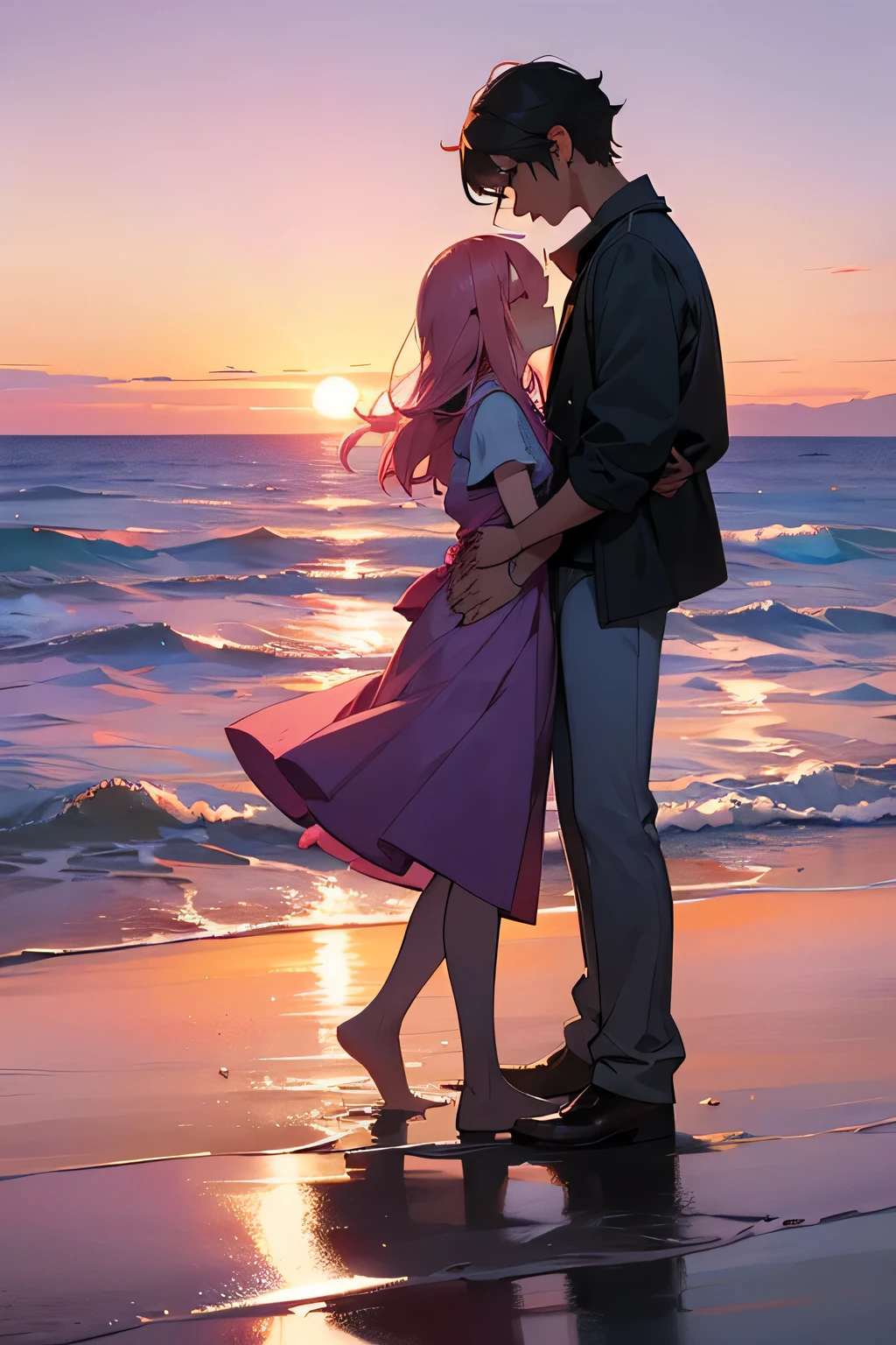 A romantic seaside scene during twilight. The sky is tinged with shades of pink and purple as the sun sets over the horizon. The gentle waves of the beach reflect the last rays of the sun, creating a tranquil and magical atmosphere. A couple is holding hands, watching the sunset together, enquanto uma brisa suave sopra seus cabelos. The scene conveys a feeling of love and intimacy in a moment of peace and serenity.