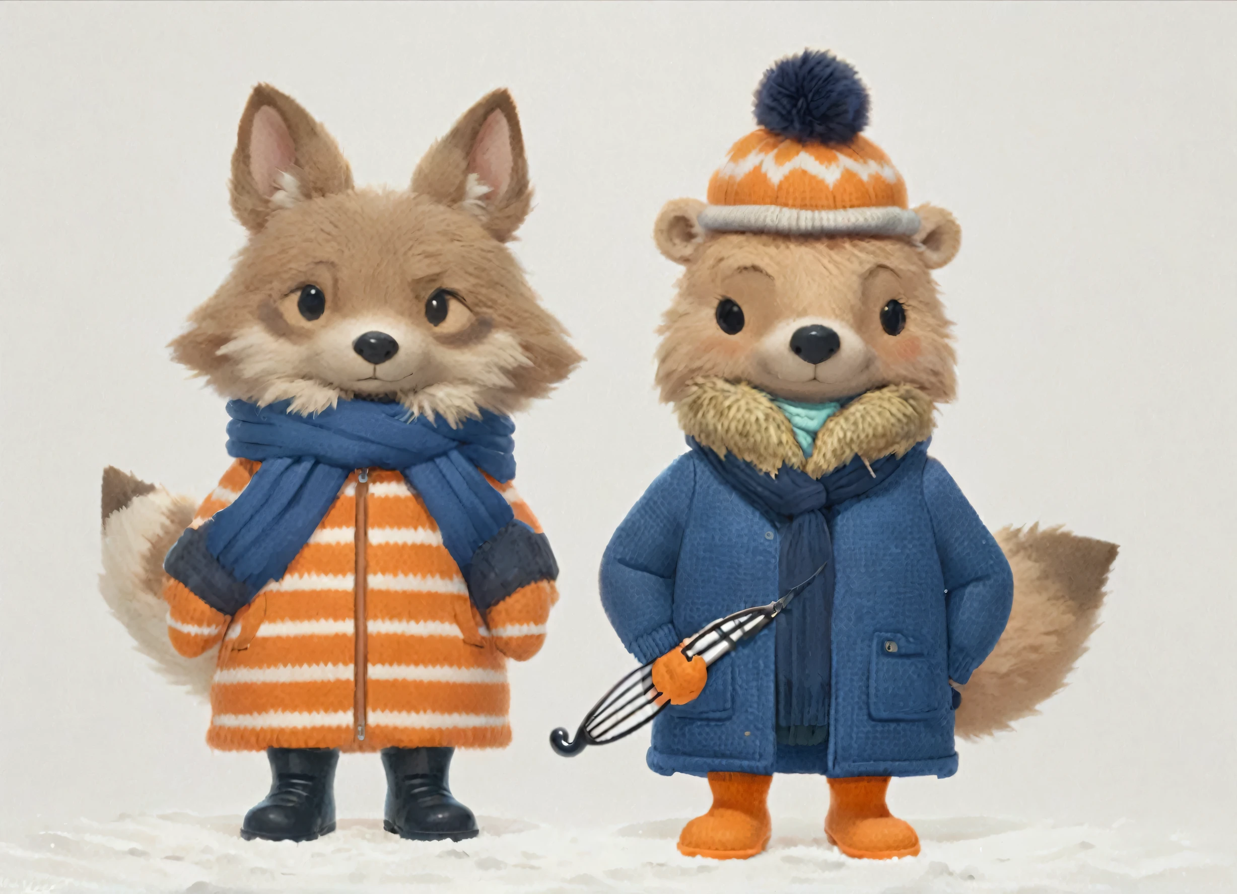 CG 3D render of two antropomorphic stuffed animals standing up, in the left there is a fox wearing a winter coat a scarf and winter boots and has his hands in pockets, in the right there is a beaver wearing a beanie a winter coat winter boots and has one hand in his pocket and the other holding an umbrella, front view, happy characters, their clothes are digital illustration, simple clothes with few details, digital illustration