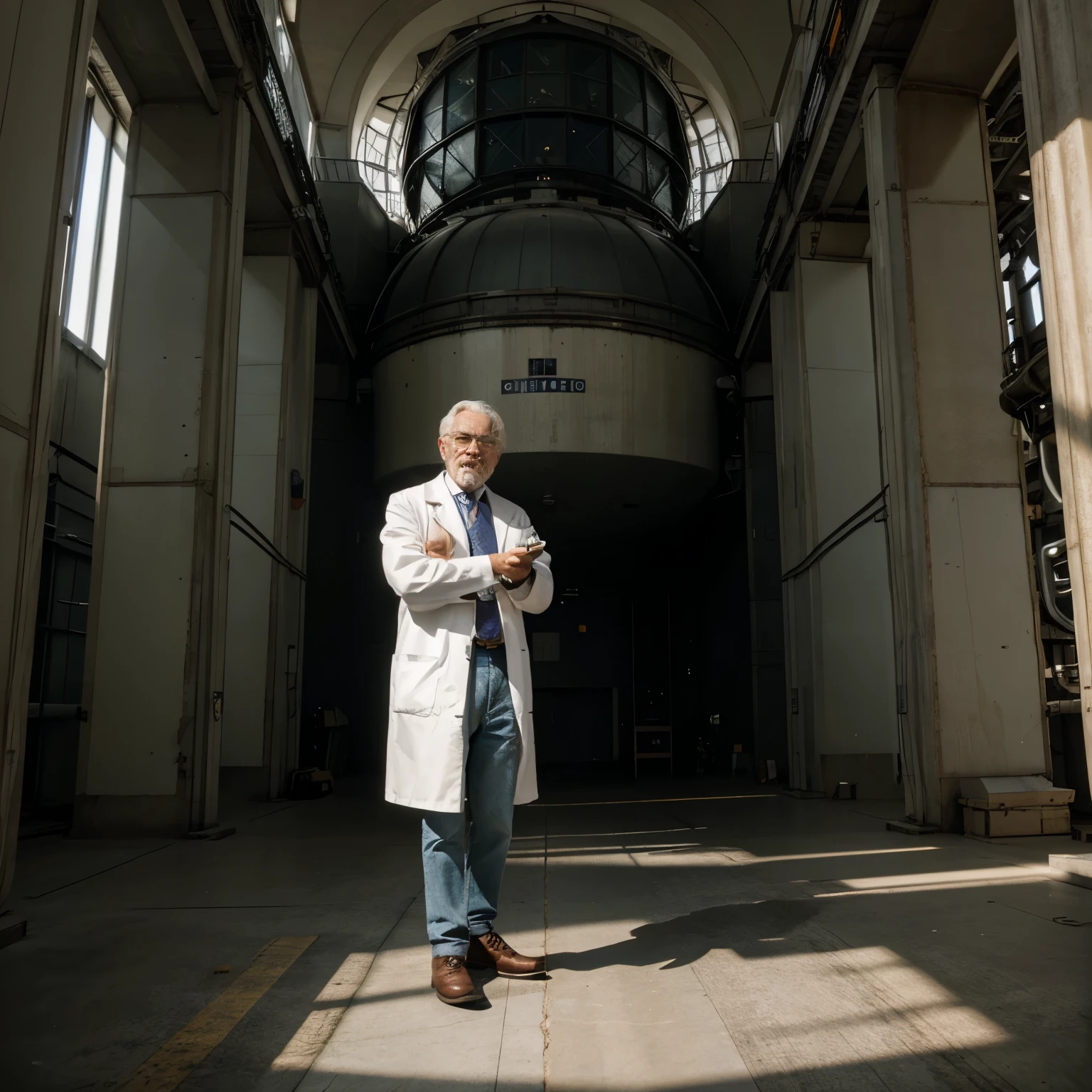 1 old man with short white hair dressed as a scientist, with a surprised expression (1.2), and a large scientific observatory with many large screens in the background