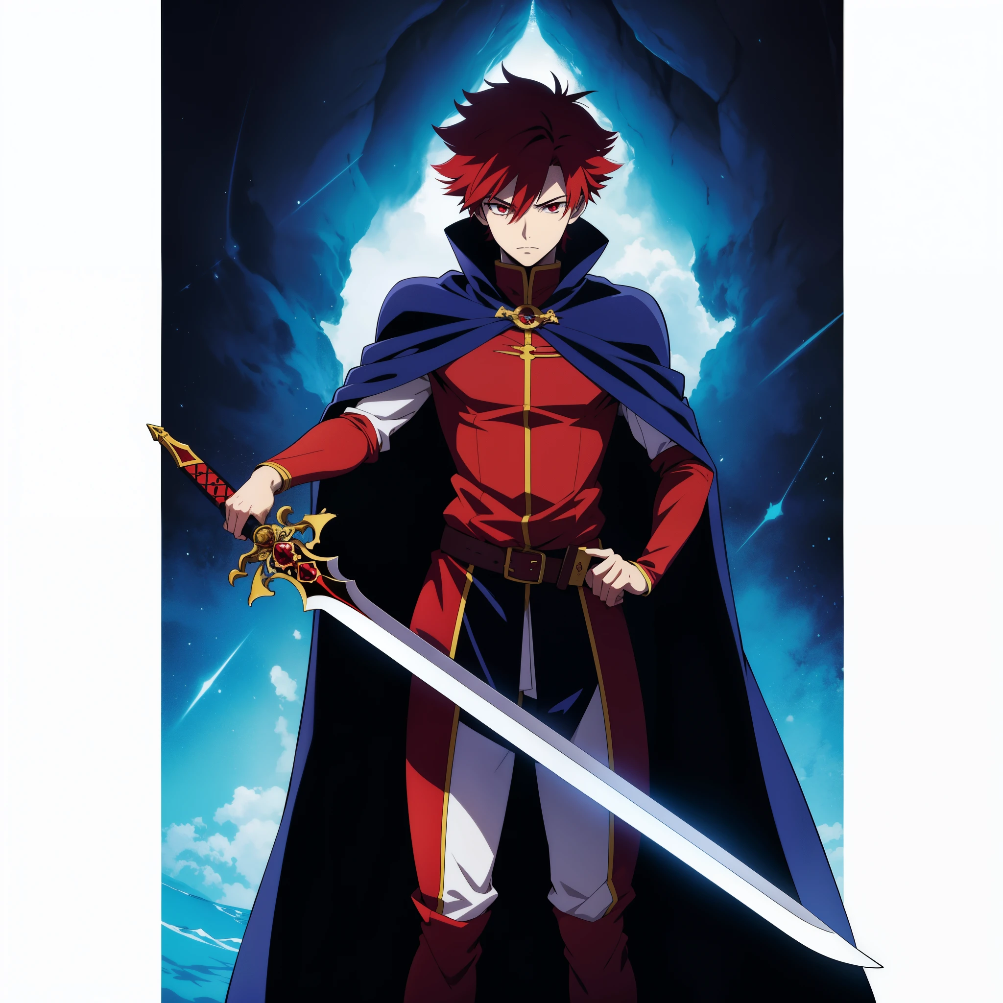 anime character with cape holding sword in hand, aura de poder vermelho, garoto com chifre de demonio, lord demonio, rei demonio, garoto poderoso