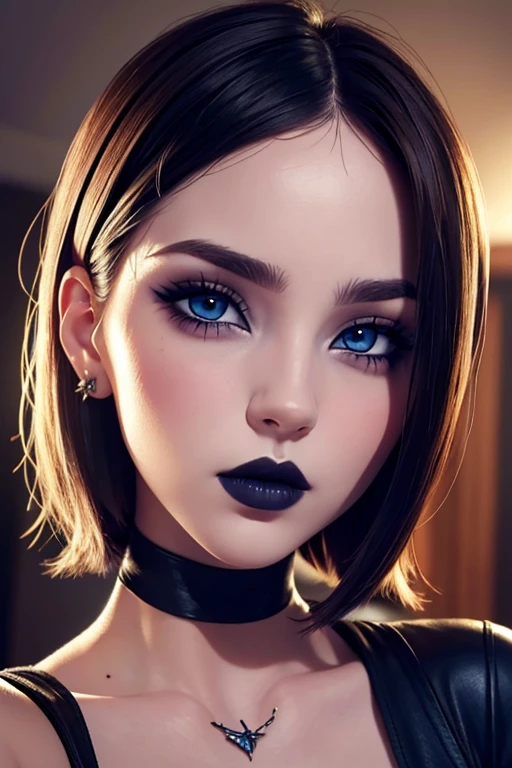 Cara hermosa cabellos corto estilo bob labios voluminosos nariz respingada belleza extraordinaria, blue eyes pale skin,  Gothic Makeup , selfie, wallpaper fanart Stunning, obra maestra, realista, detallado perfecto 12k 