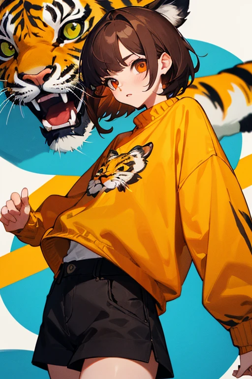 young, Brown hair, ojos verdes, tiger sweater, ropa naranja