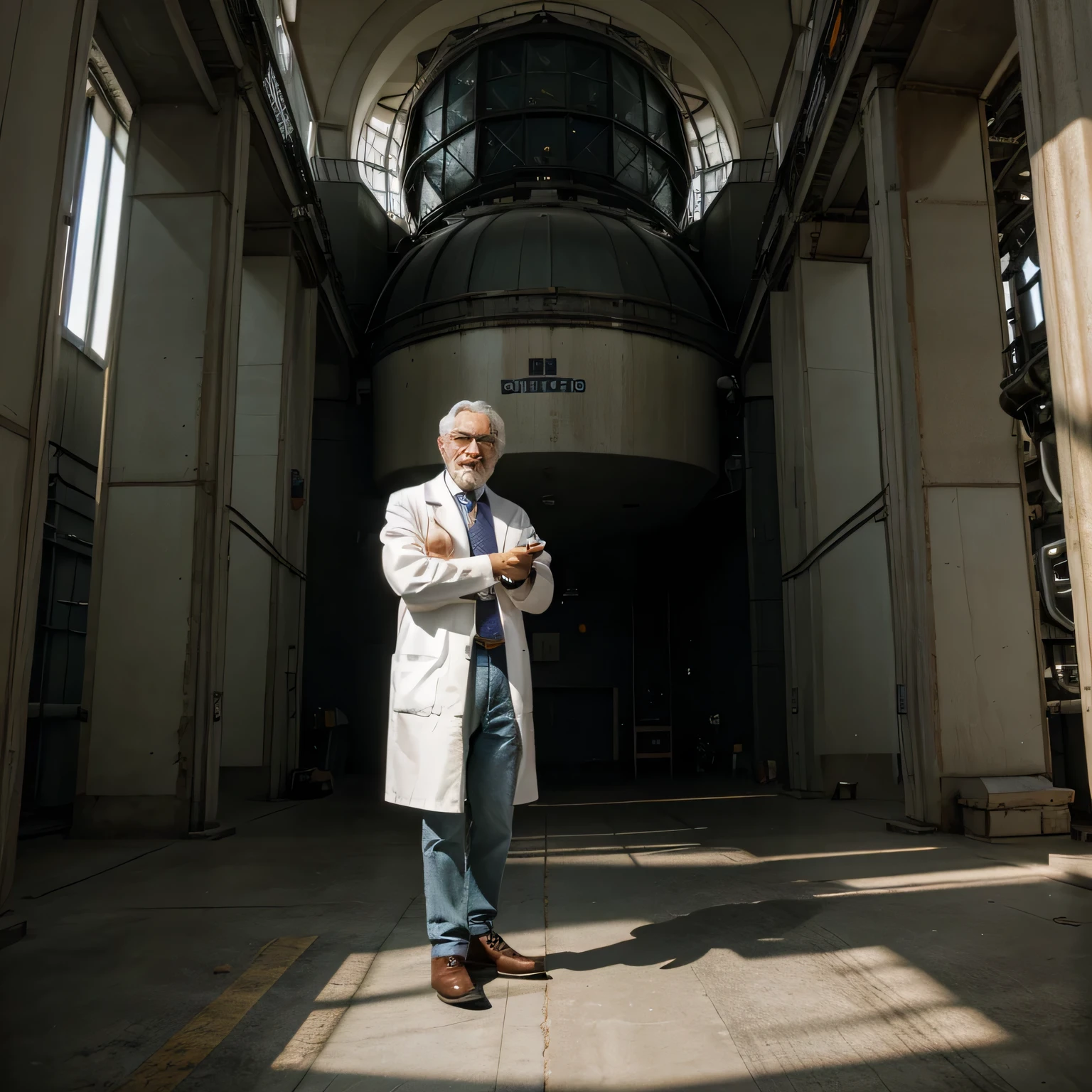 1 old man with short white hair dressed as a scientist, with a surprised expression (1.2), and a large scientific observatory with many large screens in the background