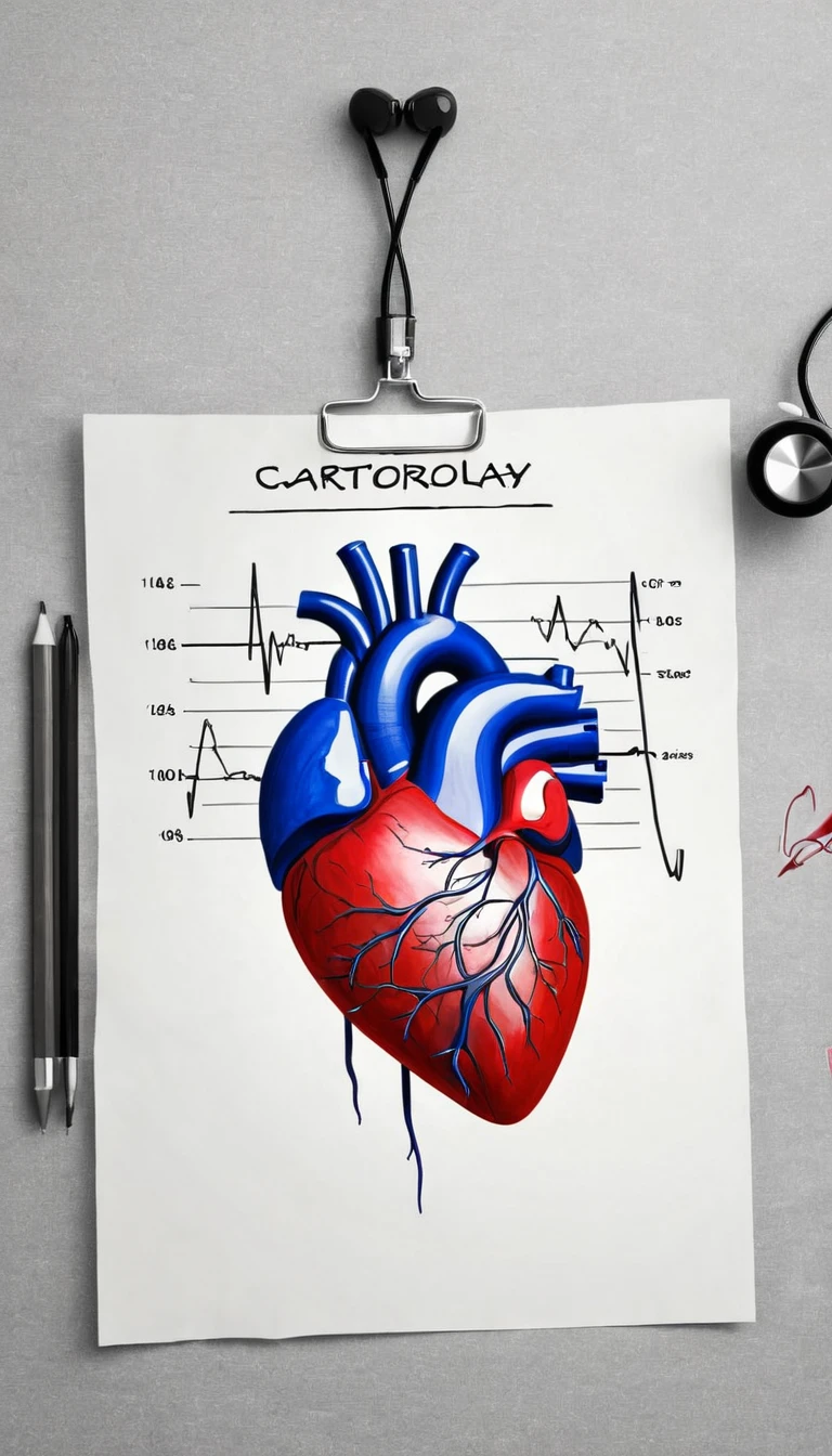 Draw a picture of cardiology with sign of doctor and real heart picture with heart rate like motivation