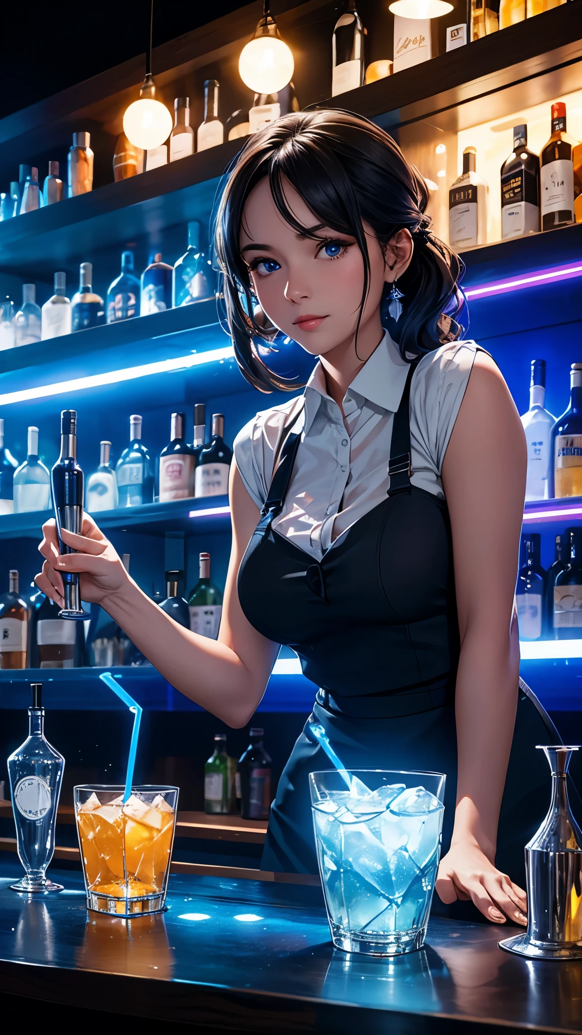 1 beverage cart, woman in a bar, night, LED light, Blue LED, night, , Drinks 5 euros, Bartender making drinks  