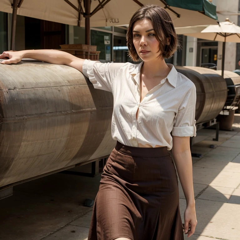 Lauren Cohan dressed in a shirt and long skirt