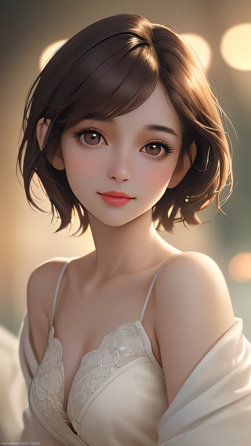 night, original photography, (((very beautiful portrait))), (very beautiful portrait))), 1 girl, Sexy 25 year old girl, ((Natural brown short hair)), [brown eyes],Staring at the camera with a gentle smile(split), ((masterpiece, best quality, Ultra-detailed, movie lights, intricate details, HD, 8K, Very detailed)), Detail background, 8K UHD, DSLR camera, soft light, high quality, film grain, Fuji XT3, Shallow depth of field, Natural light, perfect face