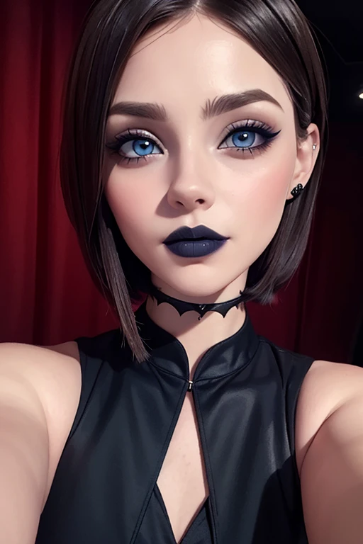 Cara hermosa cabellos corto estilo bob labios voluminosos ,sonrisa,  nariz respingada belleza extraordinaria, blue eyes pale skin,  Gothic Makeup , selfie, wallpaper fanart Stunning, obra maestra, realista, detallado perfecto 12k 