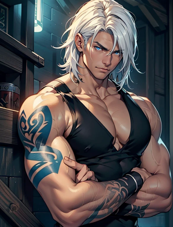 ultra detail, high resolution, ultra detailed, best quality, amazing, top quality, extremely detailed CG 8k wallpaper unit, cinematic lighting, handsome young man, detailed background of ninja village, black tank top, lean, intricate tattoos on both arms, slender, long white hair, bob hair style, blue eyes