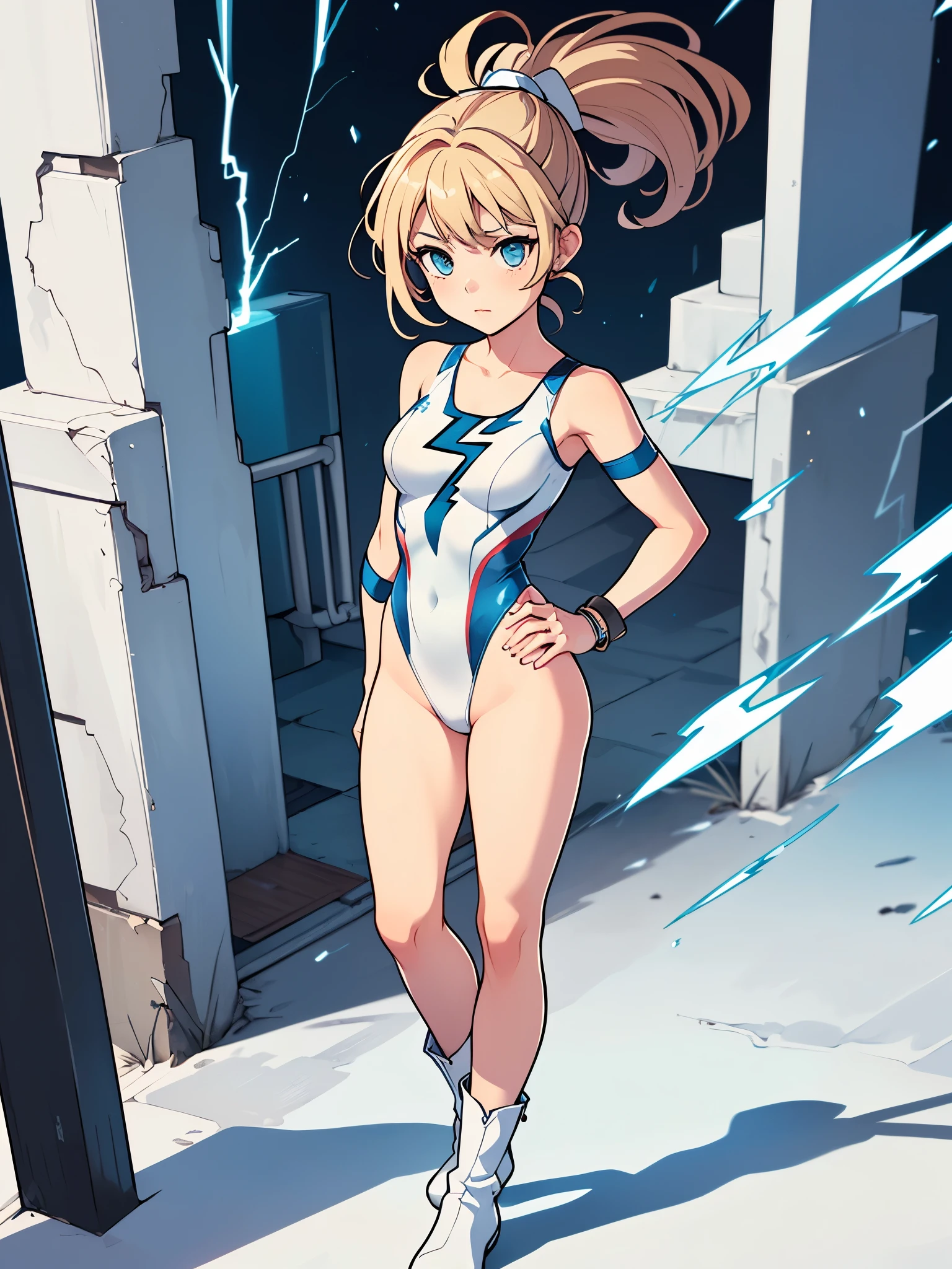 1girl, tall body, light blonde hair, aquamarine eyes, boots, breasts, bracelets, full body, hair ornament, ((shoulder-length hair, ponytail)), full body with costume, ((leotard, perfect leotard, gymnast_outfit leotard, white leotard with blue accents, bare legs)), (white stockings, white boots), medium breasts, perfect hands, complete fingers, perfect anatomy, perfect proportions, solo, standing, superhero, (lightning logo on chest), beautiful detailed eyes, beautiful detailed face, age 18, asuka suit, full body portrait, body infused with electricity, diffraction spikes, heroic, standing straight, hands on hip, cowboy shot, city backdrop