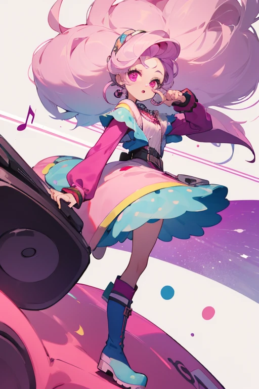 Mujer, pelo morado con rosa, ojos rosa pastel, ropa rosa con botas musicales