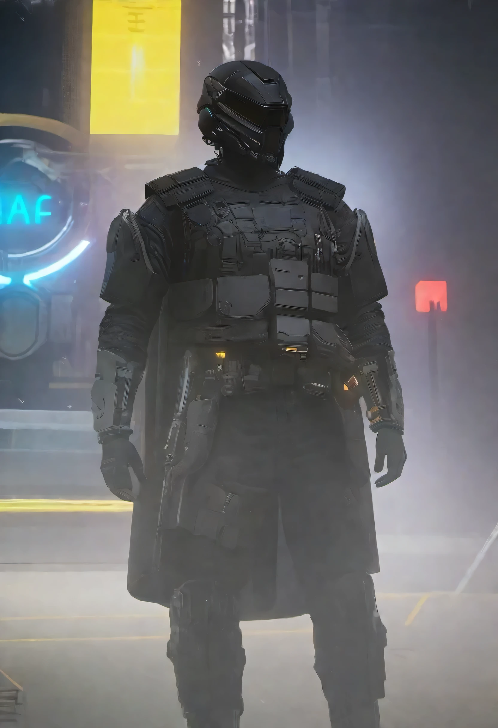 4k, high-res, masterpiece, best quality, Helmet with a tactical armour, Black Cape, Visor, Shoulder pads, Utility belt, Cyberpunk,
