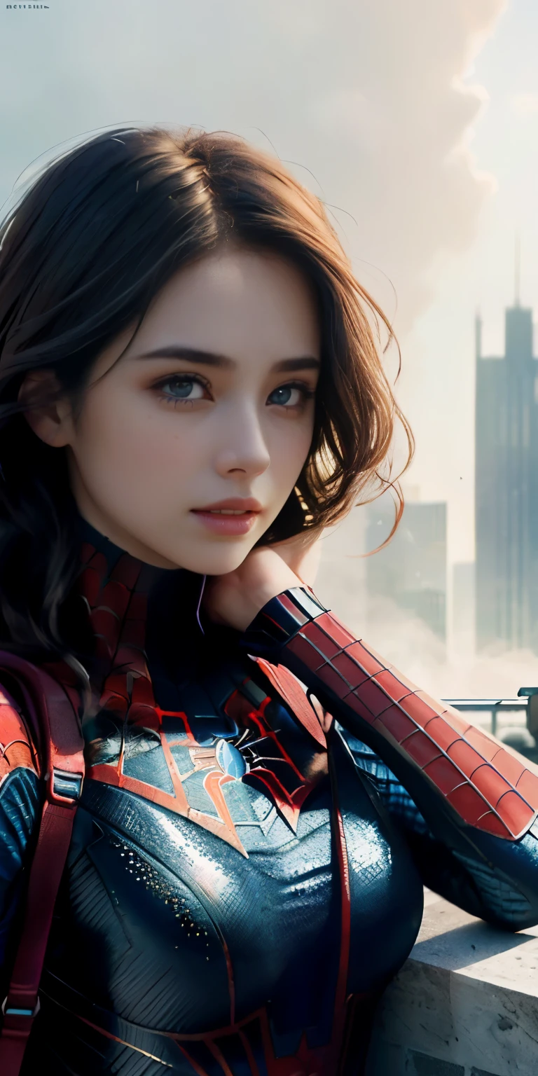 (1girl:1.3), Solo, (((Very detailed face)))), ((Very detailed eyes and face)))), Beautiful detail eyes, Body parts__, Official art, Unified 8k wallpaper, Super detailed, beautiful and beautiful, beautiful, masterpiece, best quality, original, masterpiece, super fine photo, best quality, super high resolution, realistic realism, sunlight, full body portrait, amazing beauty, dynamic pose, delicate face, vibrant eyes, (from the front), She wears Spider-Man suit, red and black color scheme, dived, very detailed city roof background, rooftop, overlooking the city, detailed face, detailed complex busy background, messy, gorgeous, milky white, highly detailed skin, realistic skin details, visible pores, clear focus, volumetric fog, 8k uhd, DSLR, high quality, film grain, fair skin, photo realism, lomography, futuristic dystopian megalopolis, translucent
