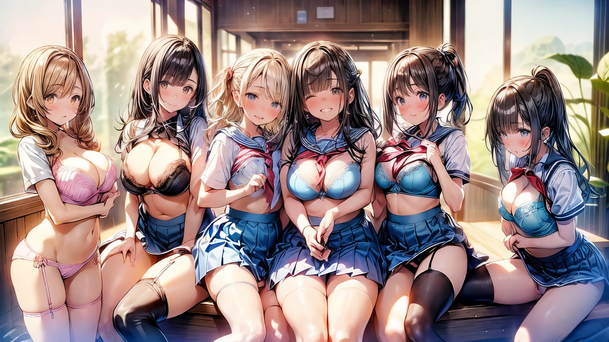 nswf:1.3,(masterpiece: 1.2, highest quality, masterpiece, Clearer images), (Bright colors), ((Take clear photos even from a distance)), (multiple girls), (Harem), (School classmates), (((All school uniforms have the same design))), (((Everyone is wearing the same navy blue skirt))), ((16 years old)), ((prostitution婦)), (prostitution宿, on the bed), (cute Japanese((6 girls))), (((infant&#39;face))), ((group shot)), (group selfie), wide angle, soft light, ((((laugh with your mouth wide open)))), (slightly larger breasts), ((prostitution)), (lure), ((viewers love it)), (((A lot of hearts are flying))), Landscape、(((show panty:1.6)))、((((M spread legs:1.4)))、((female masturbation:1.8))、((breast grab:1.3)),(((bra lift:1.2)))、one eye closed、stick out one&#39;s crotch
