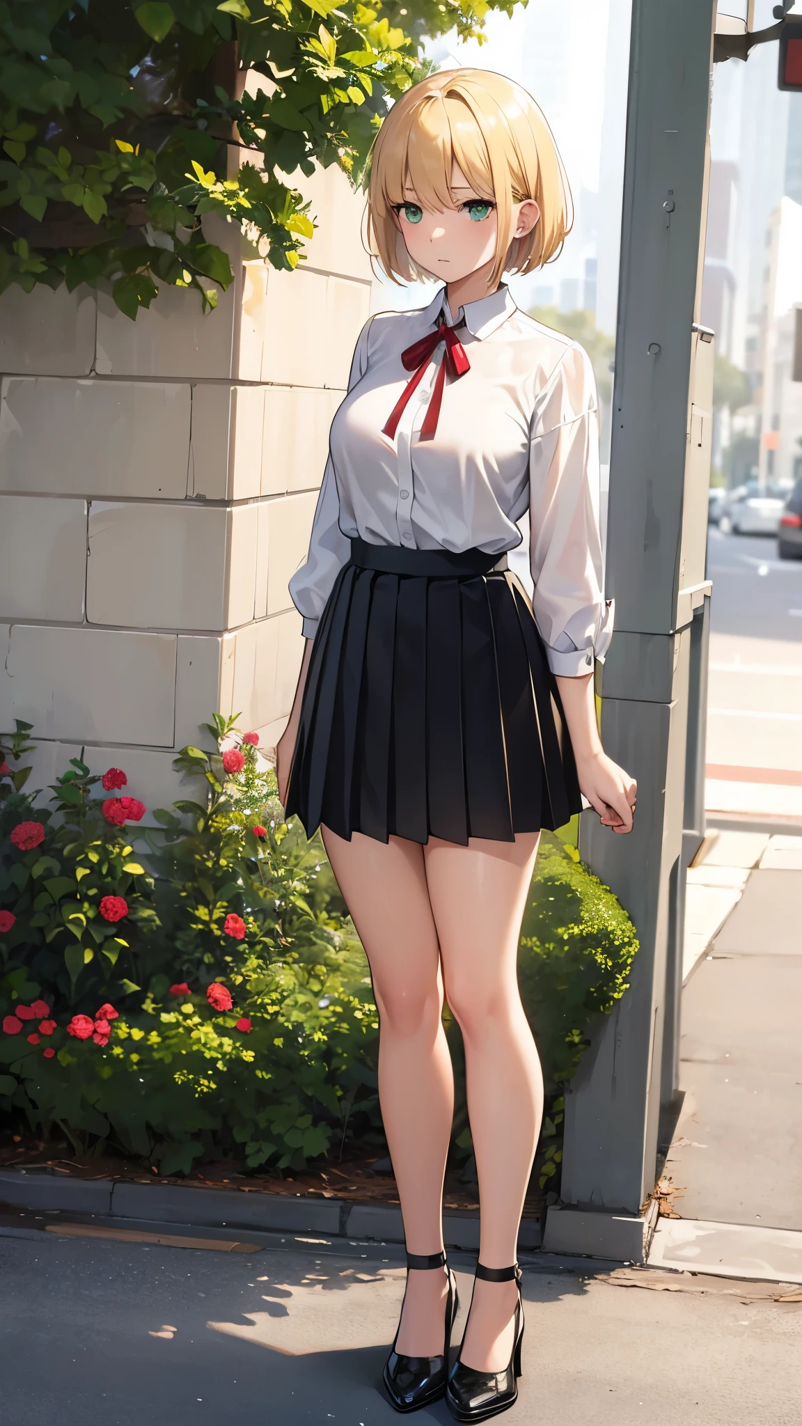 30year old women,blonde short hair,green eyes,medium breasts,white blouse,red neck ribbon,black mini pleated skirt,expressionless,looking away,park,full body