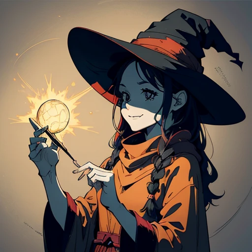 (Masterpiece), Witch, Smiling, Drawing, Easy to reproduce by hand, (Detailed lines and shading:1.5), Whimsical, Slightly caricatured, Oversized nose and hat, Long pointed fingers, (Colorful and vibrant:1.0), Red robe and pointy hat, (Realistic textures:1.0), Crinkled paper effect, (Expression full of warmth and mischief:1.5), Nostalgic, (Folklore or fairytale inspired:1.0), Wiccan symbol or accessory, Light source coming from the side, Warm color palette, (High contrast and definition: