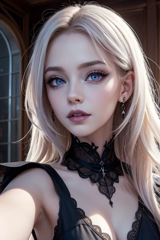 Cara hermosa labios voluminosos ,sonrisa,  nariz respingada belleza extraordinaria, blue eyes pale skin,  Gothic Makeup , selfie, wallpaper fanart Stunning, obra maestra, realista, detallado perfecto 12k 