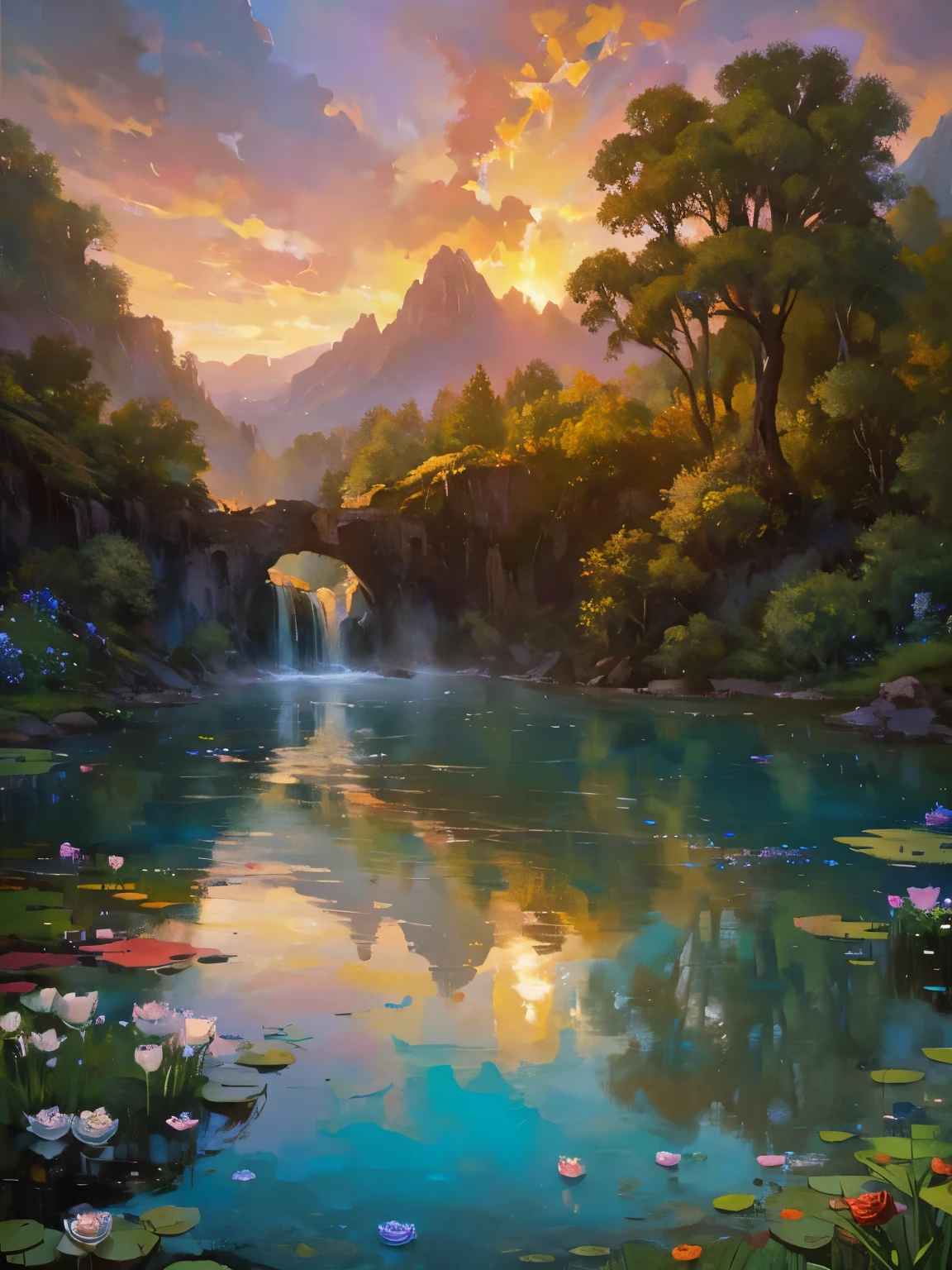 There is a huge waterfall in the middle of a mountain, ancient city embedded in mountain rocks, epic matte painting of an island, the Lost City of Atlantis. sunset, dark sky with red sunset clouds,  fog in the forest, waterfall flows into a pond, pond with a garden, flowers and water lily in a pond, rock bridge, epic landscape, oil painting art, watercolor art, lantern in the pond, ancient city blurred on mountain in the distance, fantasy, trend in artstation, trend in CGSociety, intricate, high detail, dramatic, art mid-journey, tall aguafall, painting of a river with rocks and trees in the foreground , near a river, landscape, jungle, aguafall, crystal clear water, night light, colorful, river with rocks, rock bridge, epic, Fantasy, ((roses and flowers on the banks of the pond) ), ((Oil painting)),  ((rock bridge))