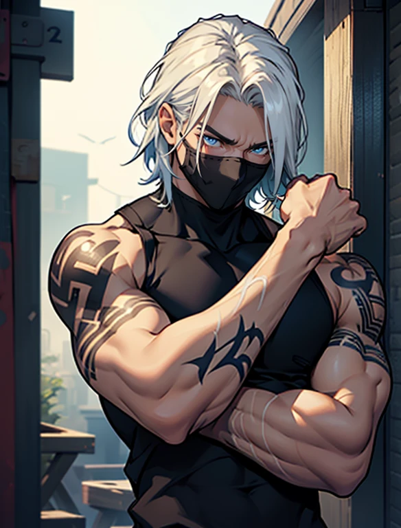 ultra detail, high resolution, ultra detailed, best quality, amazing, top quality, extremely detailed CG 8k wallpaper unit, cinematic lighting, handsome young man, detailed background of ninja village, black tank top, lean, intricate tattoos on both arms, slender, long white hair, bob hair style, blue eyes