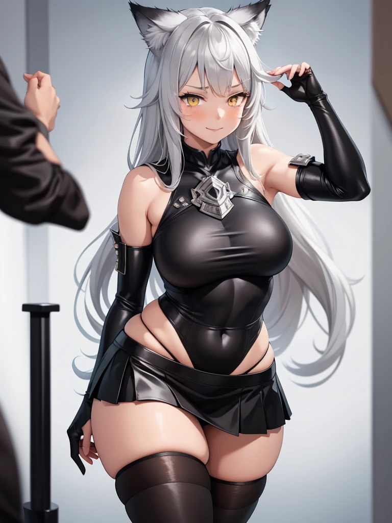 8K, Full body portrait, single young woman, especially detailed face, masterpiece, wallpaper, highlydetailed face, ultra-detailed face, beautiful and aesthetic wolf tailed girl, sexy athletic body, big breasts, curvy, long hair, gray-silver hair, a young wolf woman, wolf ears, cute wolf tail, long wolf tail, fluffy wolf tail, wolf-like irises, beautiful, enchanting, bright yellow eyes, detailed eyes, ultra-detailed eyes, accurate eyes, detailed irises, correct body proportions, elegant, small vertical scar under right eye, small rosy lips, big breasts, slender elegant arms, pretty hands, detailed hands, charming, slight blush, smug smile, black edgpshorts with stylish metal chains and a black top, detached sleeves, light black armor, armored long bike shorts and skirt on top of them, two piece outfit, black armored fur cloack, black metal armor, silver metallic ornaments, bare off shoulders, toned abs, exposed belly, standing pose, cute pose, black thighigh on left leg, sole girl
