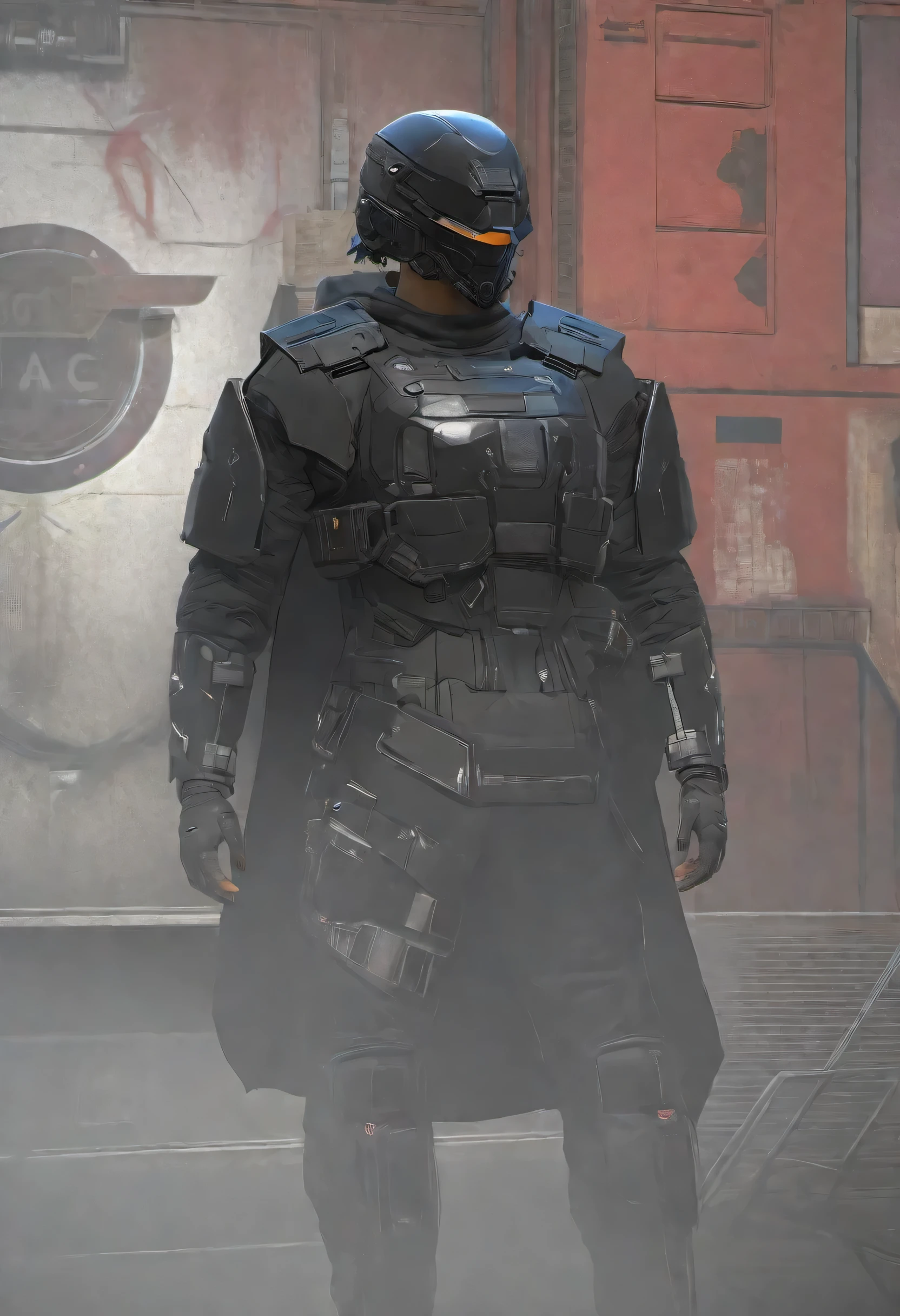 4k, high-res, masterpiece, best quality, Helmet with a tactical armour, Black Cape, Visor, Shoulder pads, Utility belt, Cyberpunk,