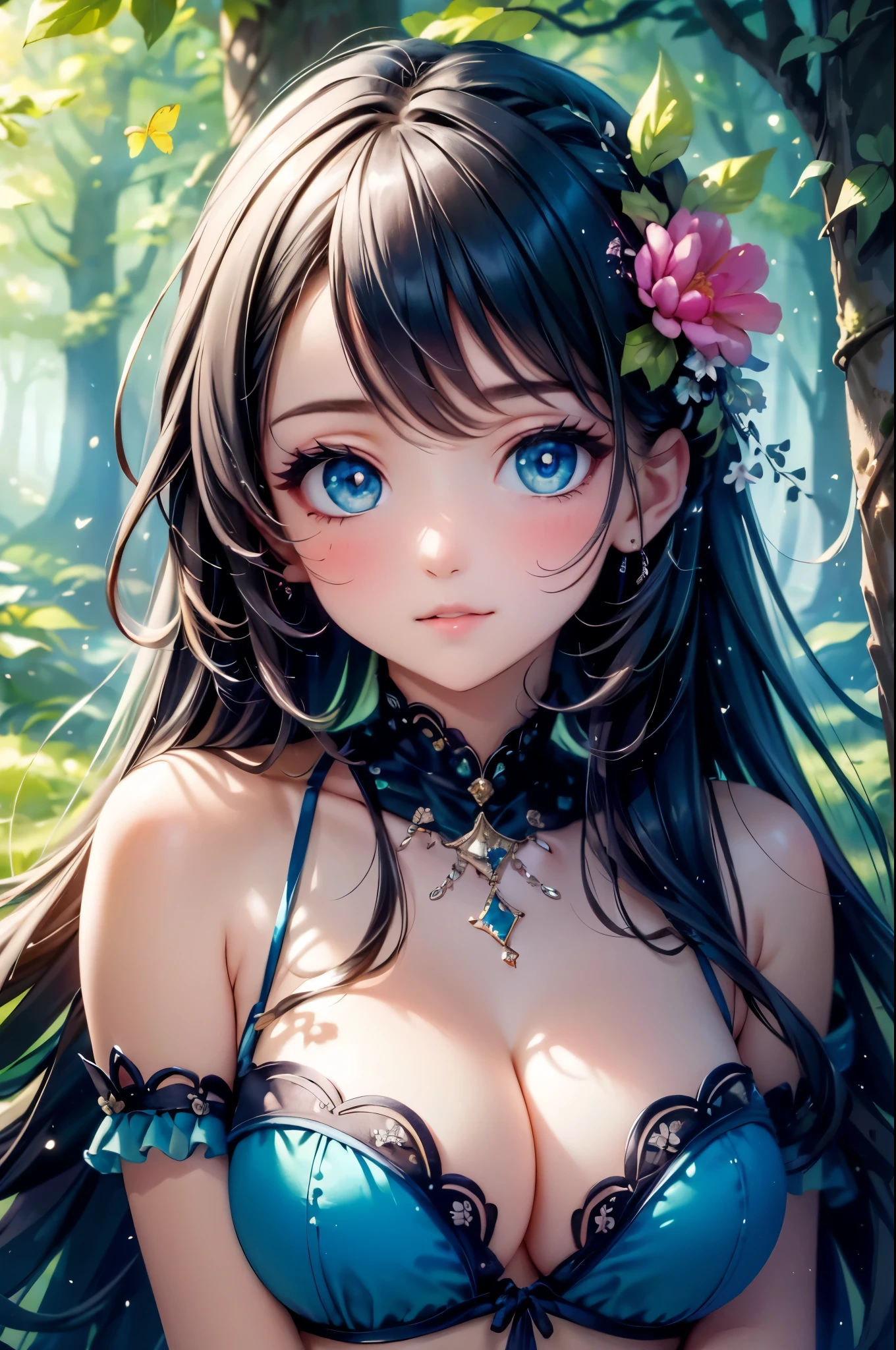 (best quality,highres),beautiful sexy girl in surreal magical forest, seductive pose, full portrait,naturalistic,soft lighting,vibrant colors,impressionistic,ethereal atmosphere,dreamlike setting,gently flowing dress,long flowing hair,delicate features,mesmerizing gaze,enchanted forest,whimsical elements,fantasy vibes,light rays filtering through trees,sparkling fireflies,dense foliage,mysterious mist,floating petals,playful butterflies,magical glow,mystical ambiance,serene and tranquil,magical realism,subtle surrealism