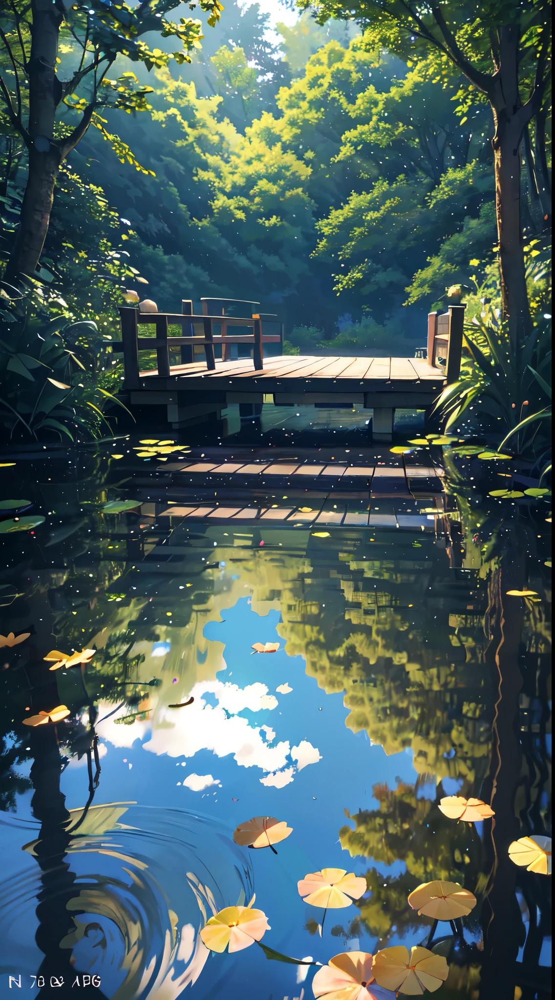 wallpaper, summer pond, pond, wooden bridge, afternoon sun, pond background, depth of field, hot weather, hd detail, wet watermark, hyperdetail, film, surrealism, soft light, deep field focus bokeh, ray tracing, diffuse (ultra-fine glass reflection) and surrealism. --v6