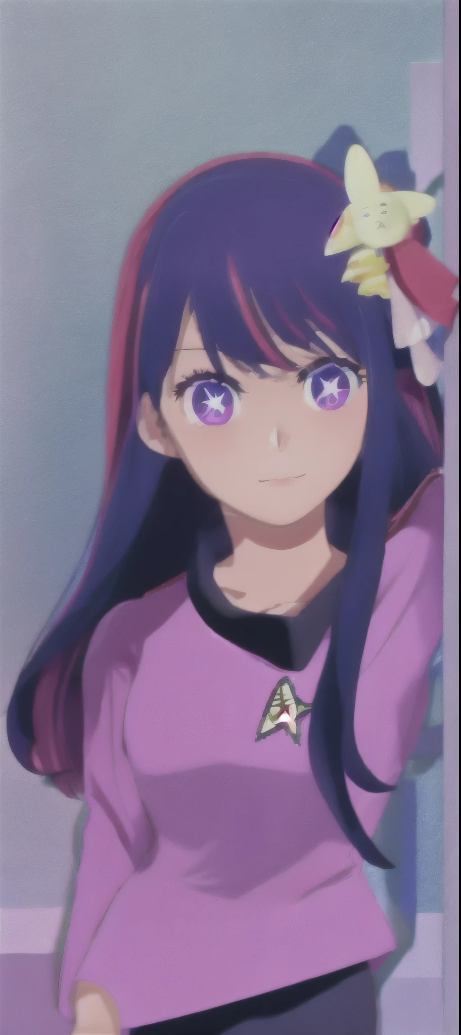 90s style Hoshino Ai, long hair, purple hair, streaked hair ,purple eyes, star-shaped pupils, hair ornament,startrektos uniform
startrektos dress