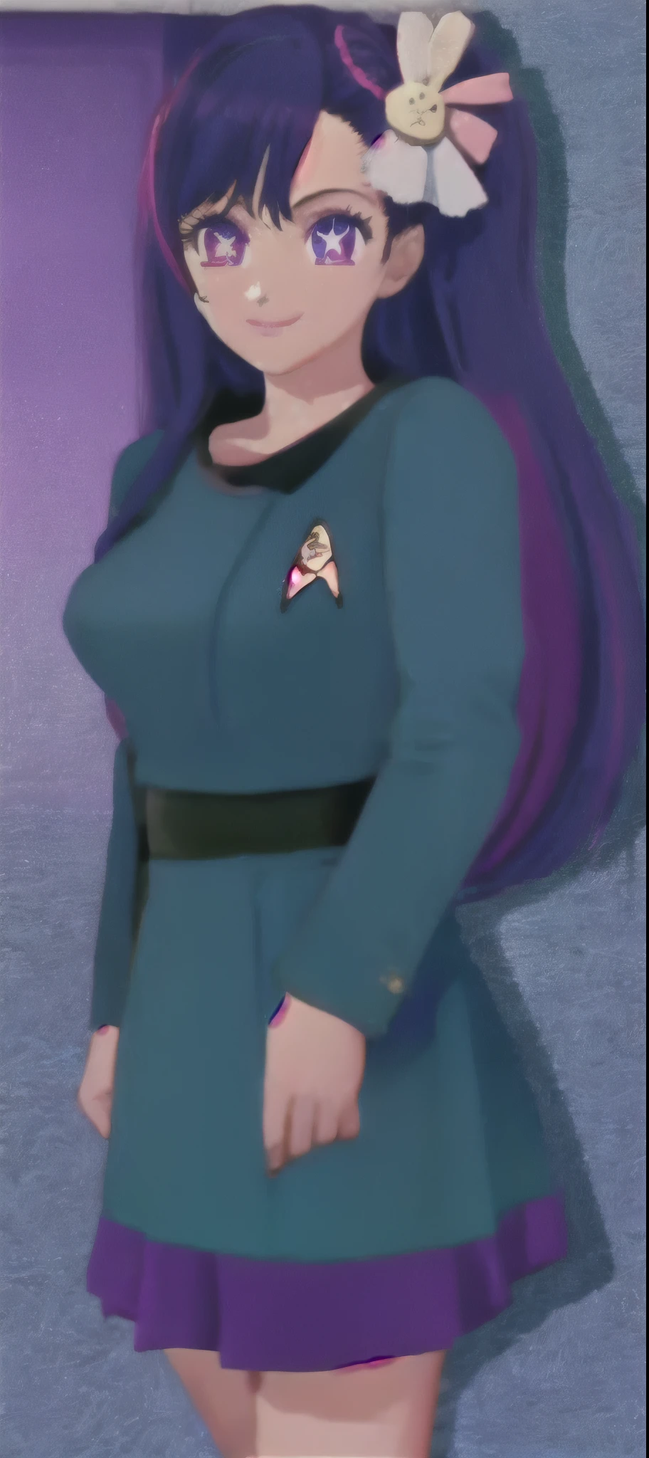 90s style Hoshino Ai, long hair, purple hair, streaked hair ,purple eyes, star-shaped pupils, hair ornament,startrektos uniform
startrektos dress