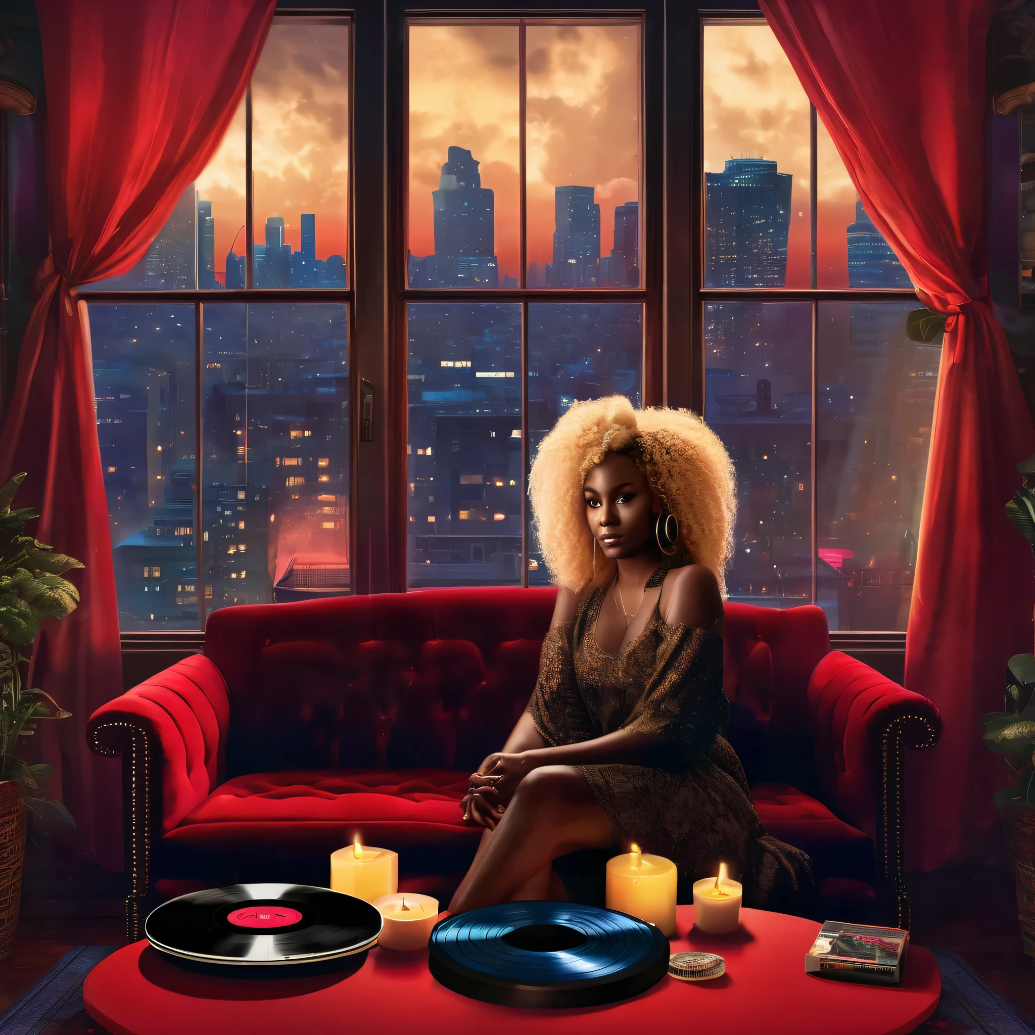 album cover, Create an image of a black woman with blonde big curly hair, sitting on a cozy window seat, looking out at a rainy cityscape, a red velvet sofa in a dimly lit room, surrounded by candles, while listening to music on a vintage record player, cinematic light, album cover, ultra quality, 8K, detailed face, beautiful face, intricate details, night