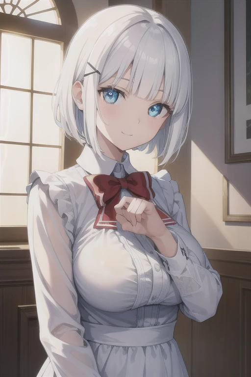 detectivesiesta, smile, short hair, bangs, blue eyes, shirt, hair ornament, long sleeves, dress, bow, white hair, hairclip, blunt bangs, bowtie, red bow, x hair ornament, red bowtie, siesta, (medium breast:1.2), BREAK looking at viewer, BREAK outside, BREAK (masterpiece:1.2), best quality, high resolution, unity 8k wallpaper, (illustration:0.8), (beautiful detailed eyes:1.6), extremely detailed face, perfect lighting, extremely detailed CG, (perfect hands, perfect anatomy), naked