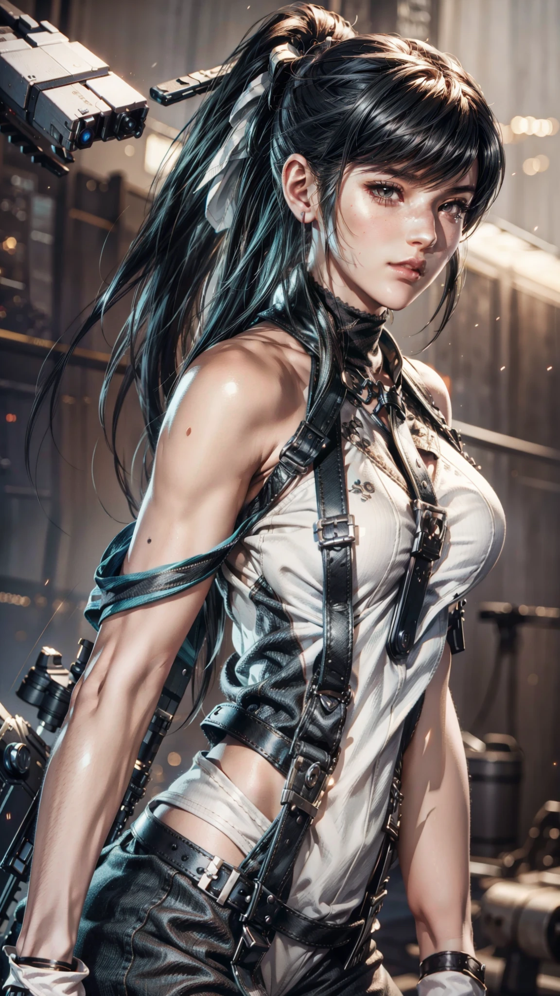 arafed woman with a gun and a harness on her back, eve, stellar blade, photorealistic anime girl render, tifa, tifa lockhart, inspired by Leng Mei, unreal engine render + a goddess, akihiko yoshida. unreal engine, 8k octae render photo, seductive tifa lockhart portrait, tifa lockhart with white hair, portrait of tifa lockhart