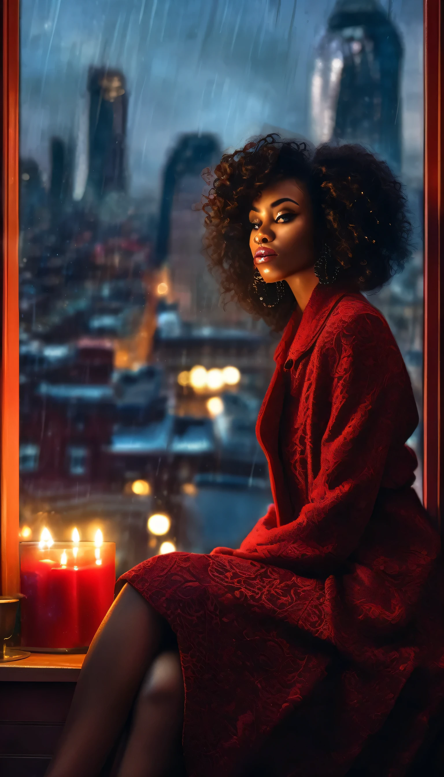 Create an image of a black woman with curly hair, sitting on a cozy window seat, looking out at a rainy cityscape,  a red velvet sofa in a dimly lit room, surrounded by candles, while listening to music on a vintage record player, cinematic light, album cover, ultra quality, 8K, detailed face, beautiful face, intricate details, night