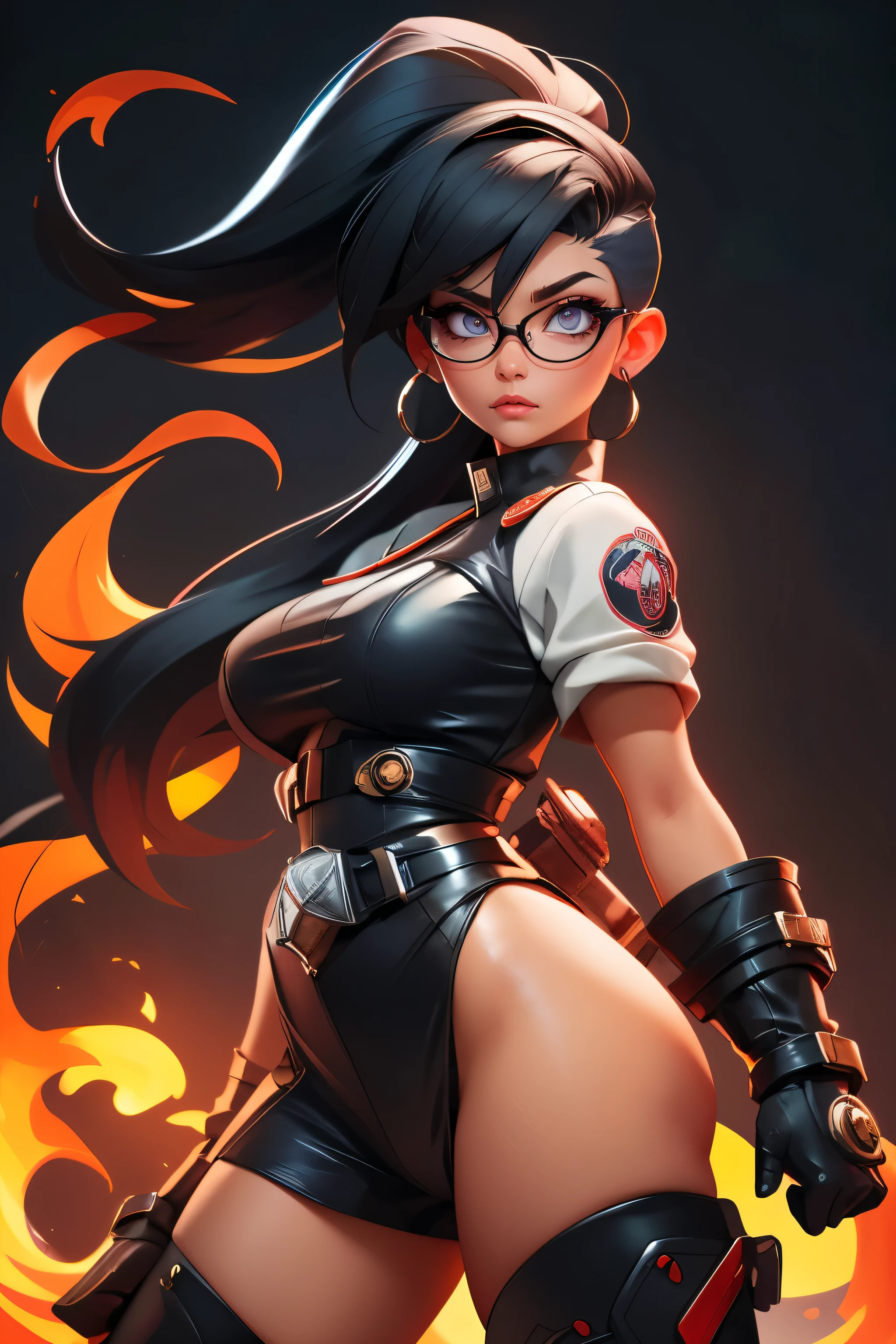 Wide angle shot, rear view, beautiful female street fighter, wearing large glasses, black undercut hair, wearing large iron gloves