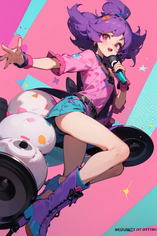 Mujer, pelo morado con rosa, ojos rosa pastel, ropa rosa con botas musicales, with a microphone