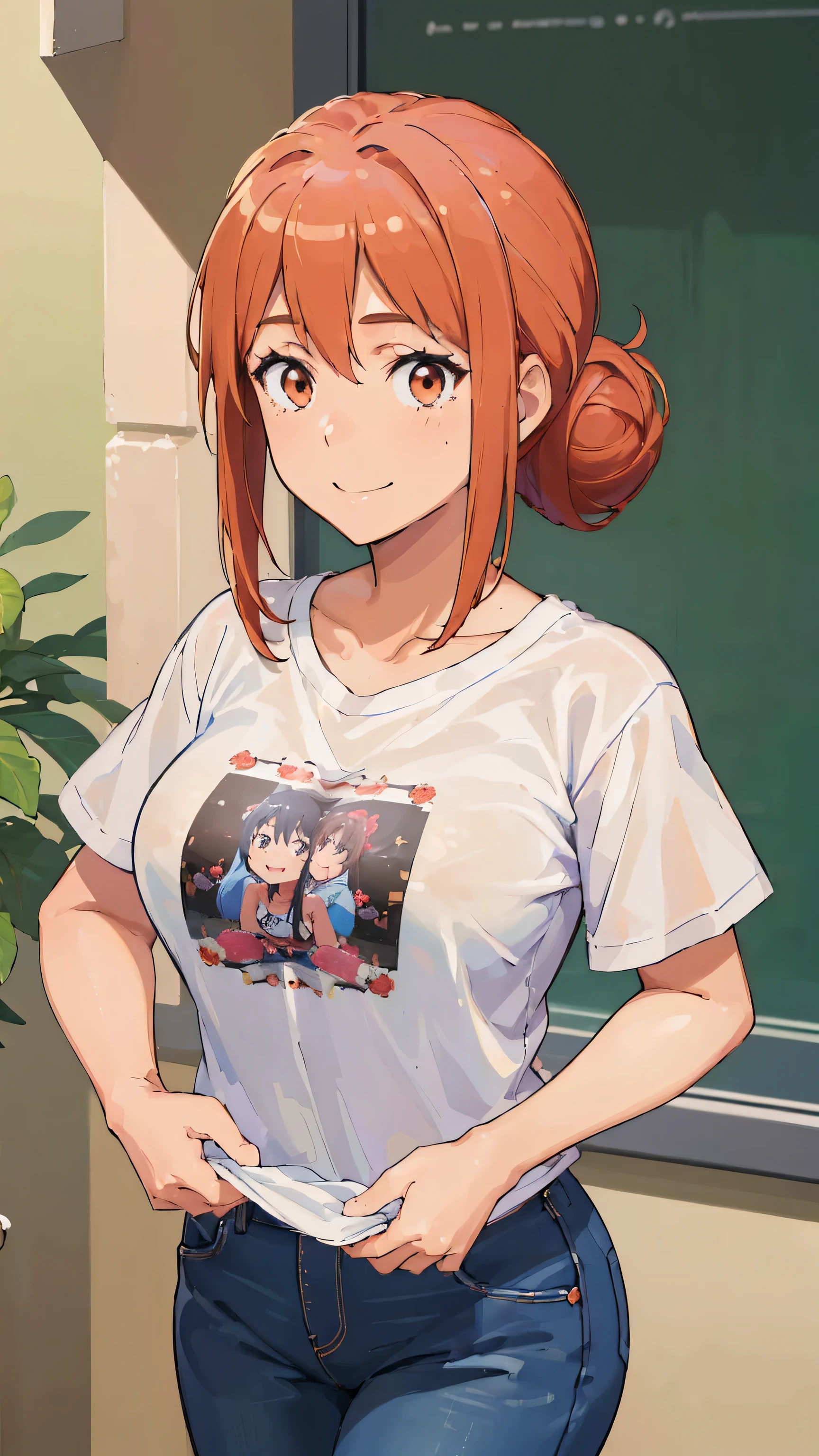 ((highest quality, 8K, masterpiece :1.3)),super detailed face, 1 adult female,Yuigahama Yui&#39;s mother,As I expected, my youth romantic comedy is wrong。,Gahamama,plump body,big breasts,bun hair,smile,white t-shirt,jeans,