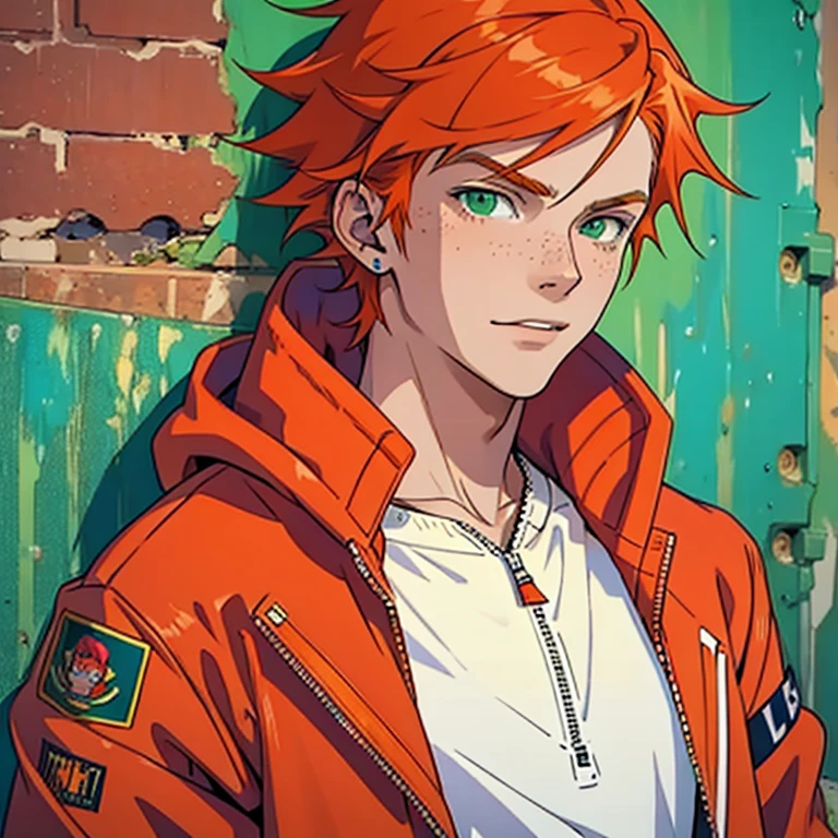 (masterpiece, best quality:1.2),  human Male Adolescent , punk Clothings , Orange  hair  ,((Red zip hoodie)), ((Green eyes)) ,freckles, white shirt 