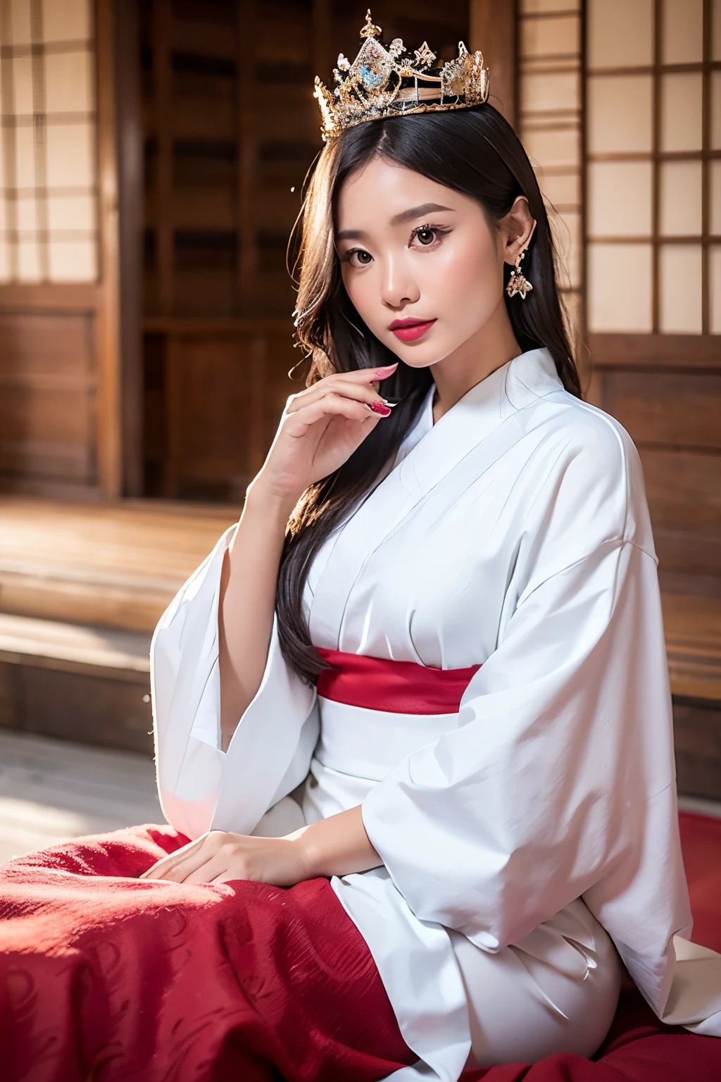 (ultra realistic 8k CG:1.2),perfect artwork,delicate pattern,intricate detail, (unparalleled masterpiece,best quality:1.2),(extremely intricate:1.2),a woman in Balinese traditional clothes, a woman wears princess crown, hair stick,(sitting on red bed),Cosmetic,black_hair, balinese_clothes, curtains, earrings, hair_ornament, indoors, jewelry, red nails, long_sleeves, red lips, tassel, (ancient Japanese architecture),night