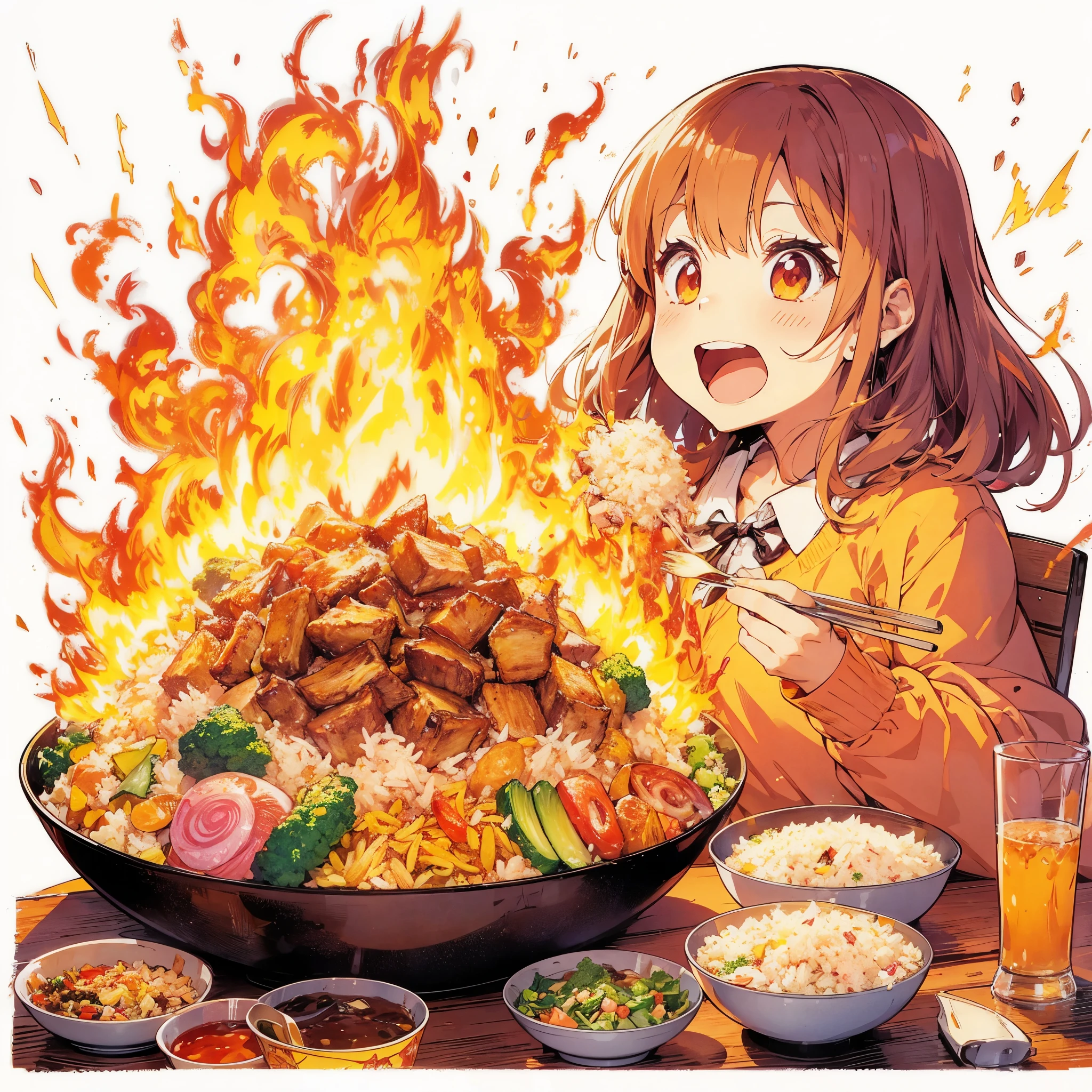 Vivid color anime illustration, line drawing, cel drawing, texture 1 girl, eating fried rice on fire. Eating very dynamically, looks very tasty