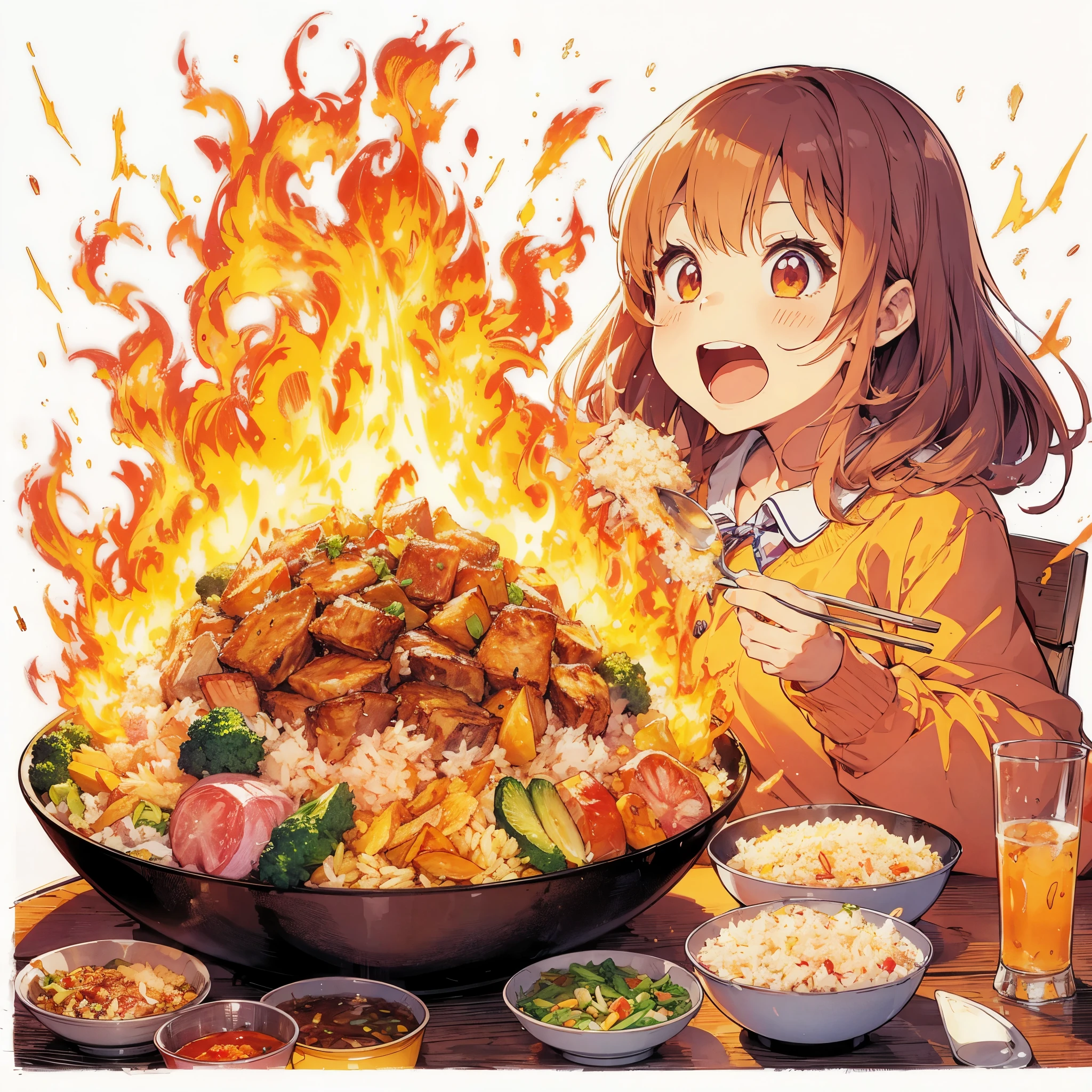 Vivid color anime illustration, line drawing, cel drawing, texture 1 girl, eating fried rice on fire. Eating very dynamically, looks very tasty