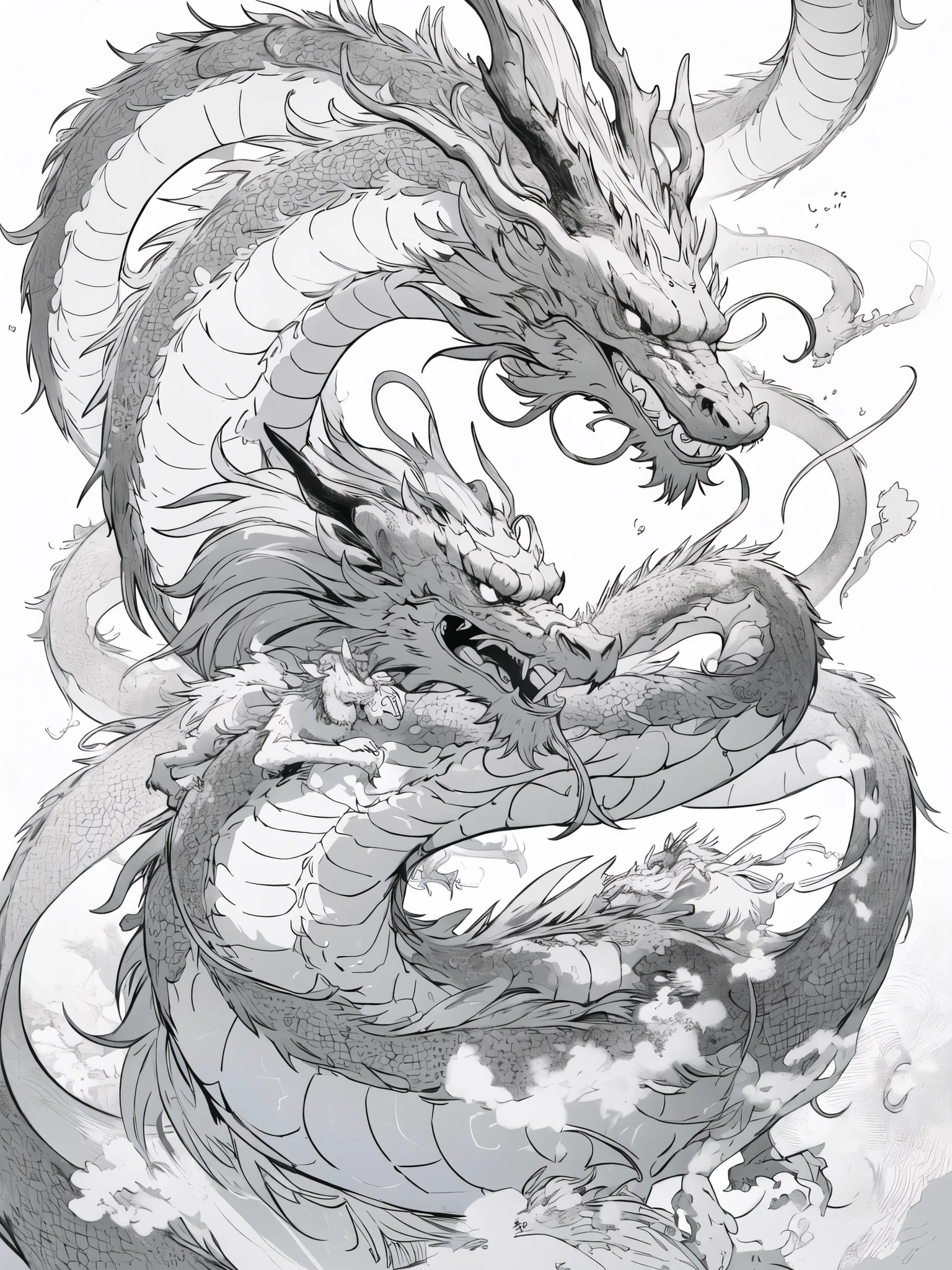 Chinese dragon,upper body,(white background,line drawing),profile