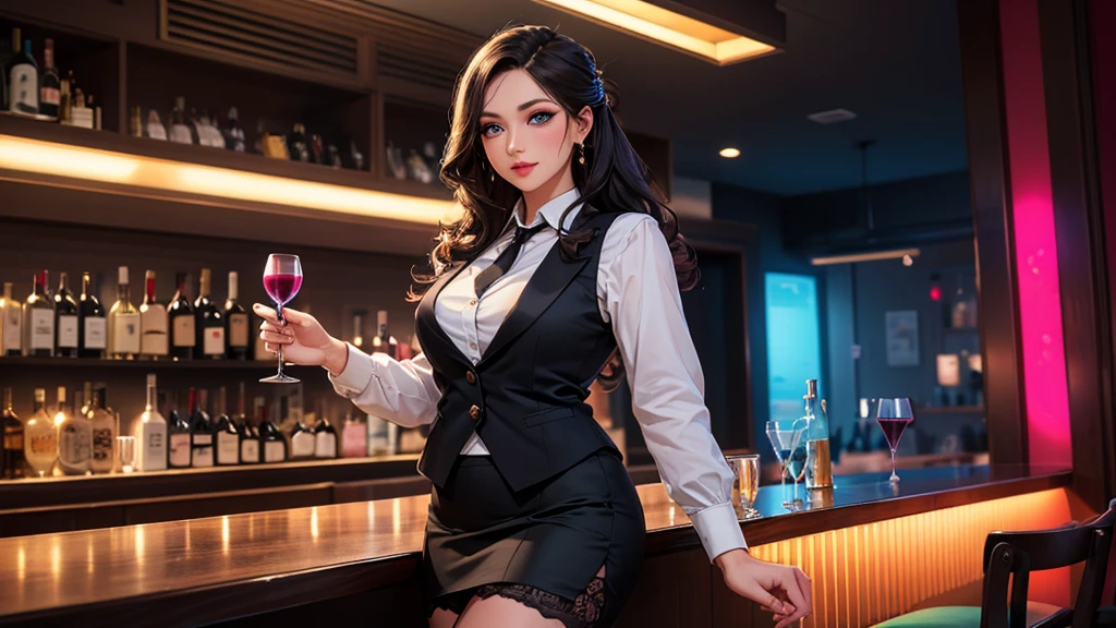 a lady, permanent, bartender, (Black vest with white shirt) black tie, black skirt with black lace stockings, high heels, Stylish clothing, adult, Sexy, black hair, very long wavy hair, half updo half up half down, shine blue eyes, makeup, long upper eyelashes, seductive expression eyes, (seductive smile:0.8), (Masterpiece best quality:1.2) Exquisite illustrations and super detailed, Medium breast, detailed face, high quality hair, super detailed finger, BREAK, ((Colorful neon lights:1.2 hang on the wall), (Neon tube) glowing rest (Fashion bar) indoors, ((cocktail glass) Filled with colorful wine), (The room is dimly lit), wine bottle, Detailed background, best quality, highres, award winning
