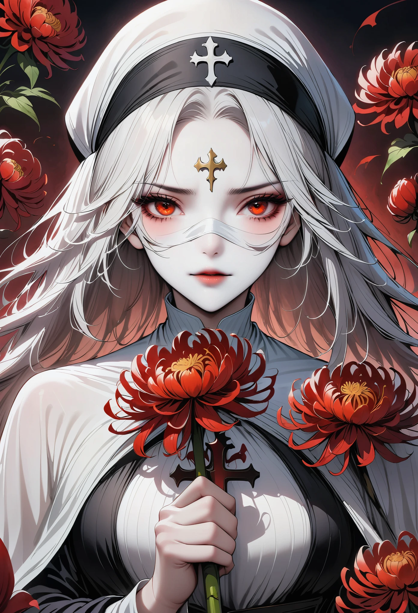 (best quality,4K,8K,high resolution,masterpiece:1.2),（（（Giant cross：1.37））），nun，Nun hat，教堂里nun与骷髅教父，bloody,red lily,red chrysanthemum,flame,Light.