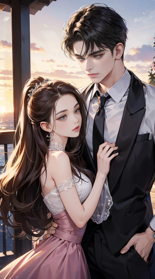 Masterpiece, Best Quality, 8k, Very Detailed, vector, top quality, handsome 23 years old young male idol and beautiful 20 years old young woman, fashionable, romance, couple, lovers