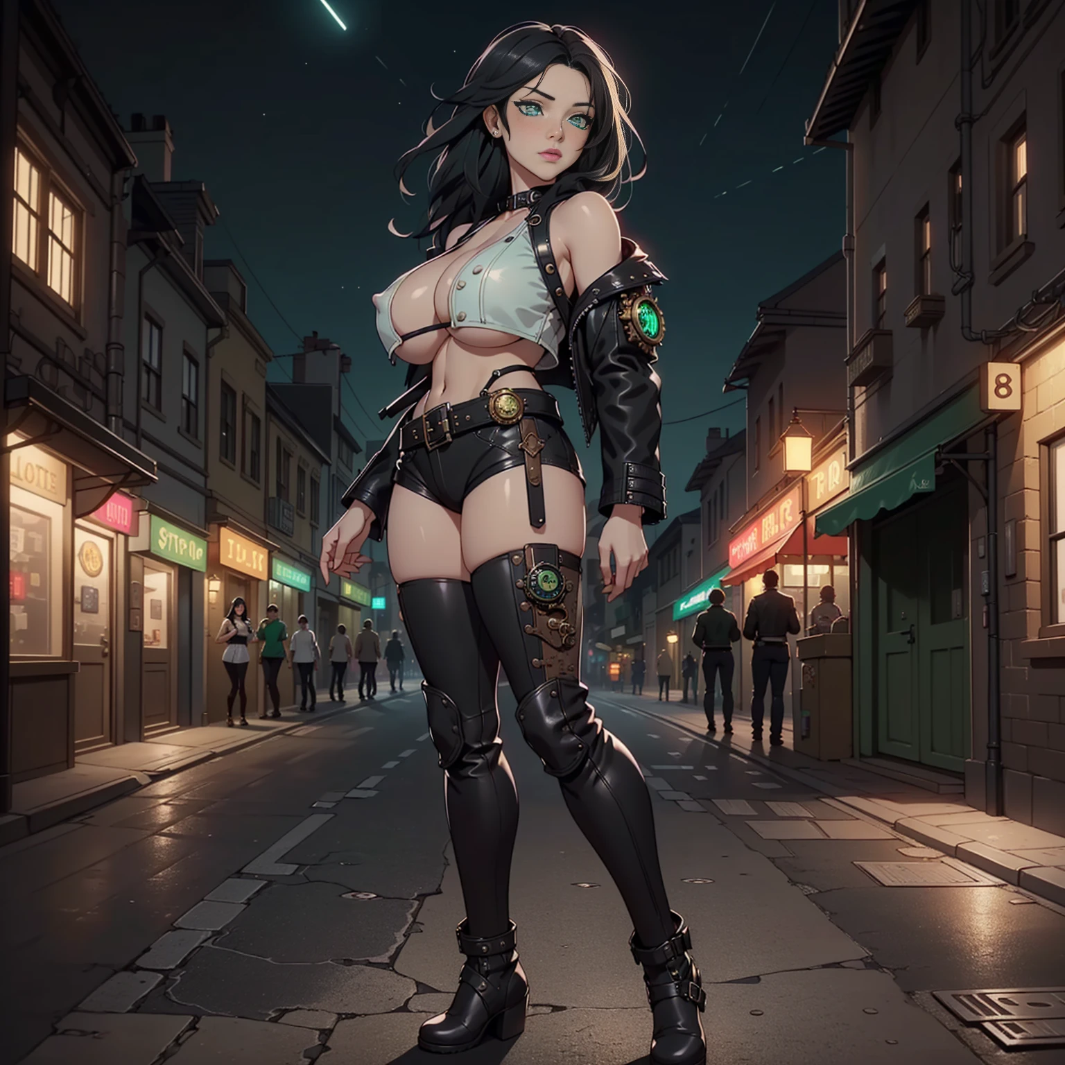 ((deep in the night, Need, 8K, tmasterpiece:1.3)),(realisticlying:1.4),RAW photogr,figure portrait,Very wide lens,closeup cleavage,(True skin texture:1.3),(filmgrain:1.3) Focalors:1.2, perfect figure beautiful woman:1.4, ((Long dark black bright hair, green eyes, huge tit:1.2 )), ((White crop top:1.4)(short black leather jacket) , cropped shoulders,black steampunk trausers, standing on your feet:1.2), ((steampunk city night scene, )), Highly detailed facial and skin texture, detailed, full-body