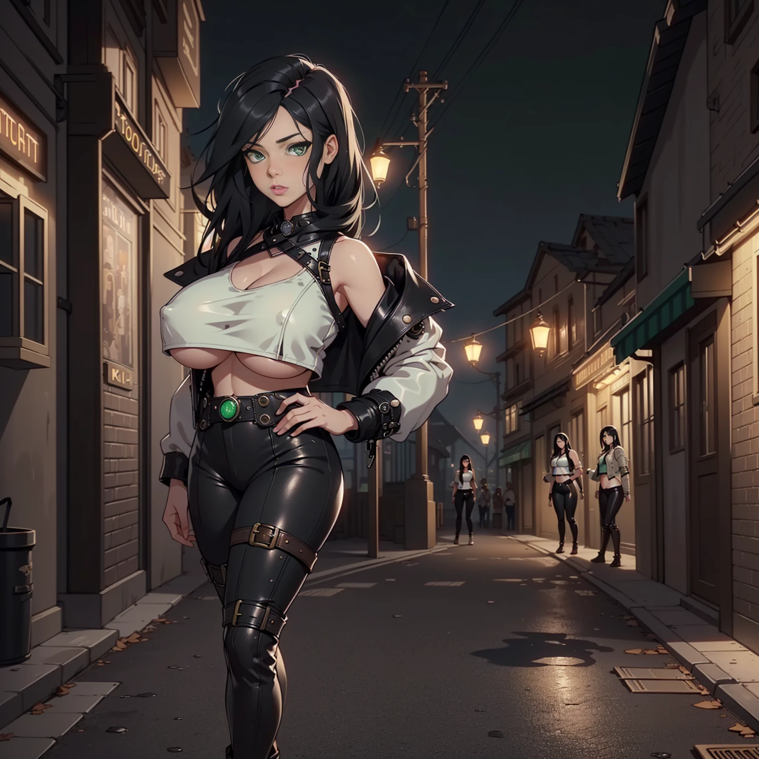 ((deep in the night, Need, 8K, tmasterpiece:1.3)),(realisticlying:1.4),RAW photogr,figure portrait,Very wide lens,closeup cleavage,(True skin texture:1.3),(filmgrain:1.3) Focalors:1.2, perfect figure beautiful woman:1.4, ((Long dark black bright hair, green eyes, huge tit:1.2 )), ((White crop top:1.4)(short black leather jacket) , cropped shoulders,black steampunk trausers, standing on your feet:1.2), ((steampunk city night scene, )), Highly detailed facial and skin texture, detailed, full-body