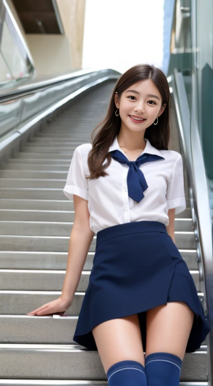 (NSFW)、(Very detailed 8k wallpaper)、sharp focus、in detail、Drama、Delicate and beautiful 、、Sheer white shirt、neck tie、Dark blue pleated micro mini、ligh brown hair、Smooth pigtails、hair adornments、Sexy、A smile、Peek at the viewer、Beautiful graphics、By escalator、Show me your whole body、(skirt rift)、(skirt lift by yourself))、(Navy blue socks)、Showing crotch、I see underwear、thigh closeup、Gray underwear、Wearing high socks