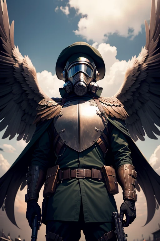 Male angel knight with divine aura wearing military boss clothes and hat, and holding a weapon, face hidden behind a gas mask, eagle wings (((2 wings))), battlefield and squad scenario, dinamic pose, view from below