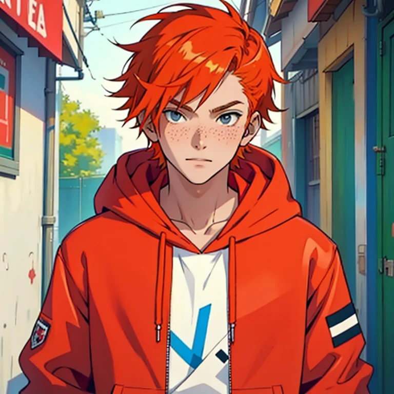 (masterpiece, best quality:1.2),  human Male Adscent , punk Clothings , Orange  hair  ,((Red  hoodie)) ,freckles, white shirt 