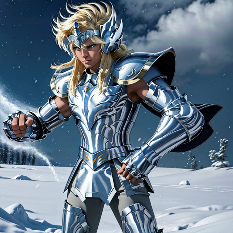 Ultra realistic, 8k, Best quality, high resolution, Alone, 1 man, Knights of the Zodiac, fingerless gloves, swan armor v2, armor made of chrome metal, simple armor, outdoors, creating a snowstorm with his hands, cosmo energy , hyoga, swan hyoga, ultimate swan 